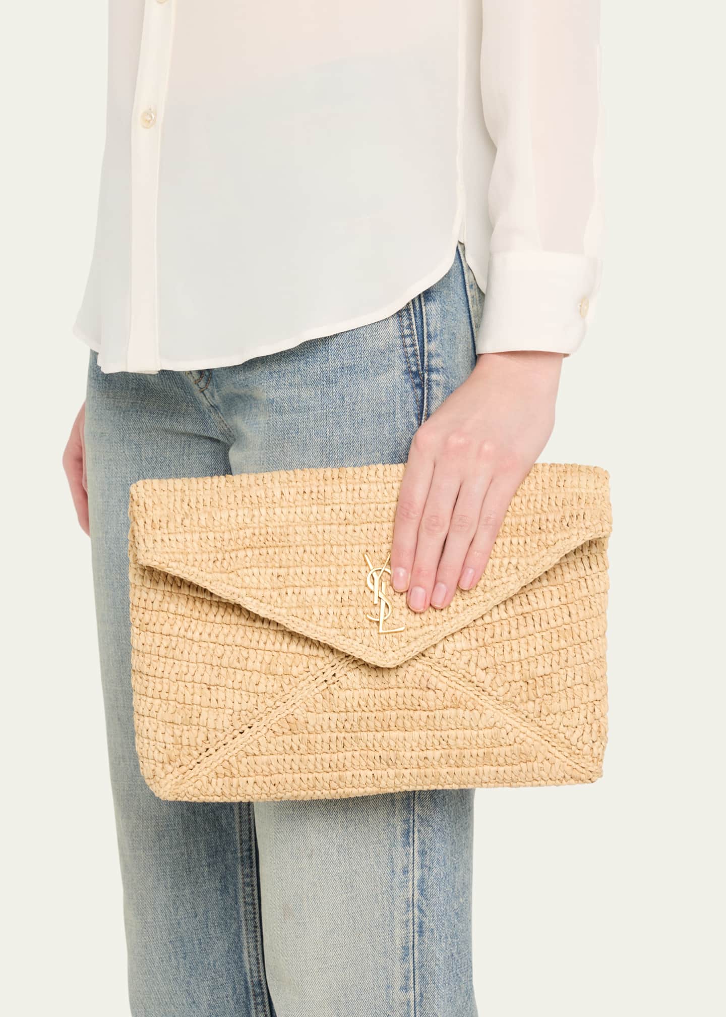 Saint Laurent Large YSL Envelope Pouch Clutch Bag in Raffia