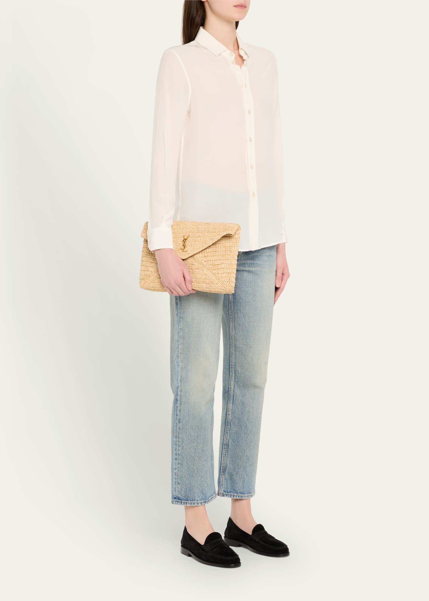 Saint Laurent Large YSL Envelope Pouch Clutch Bag in Raffia