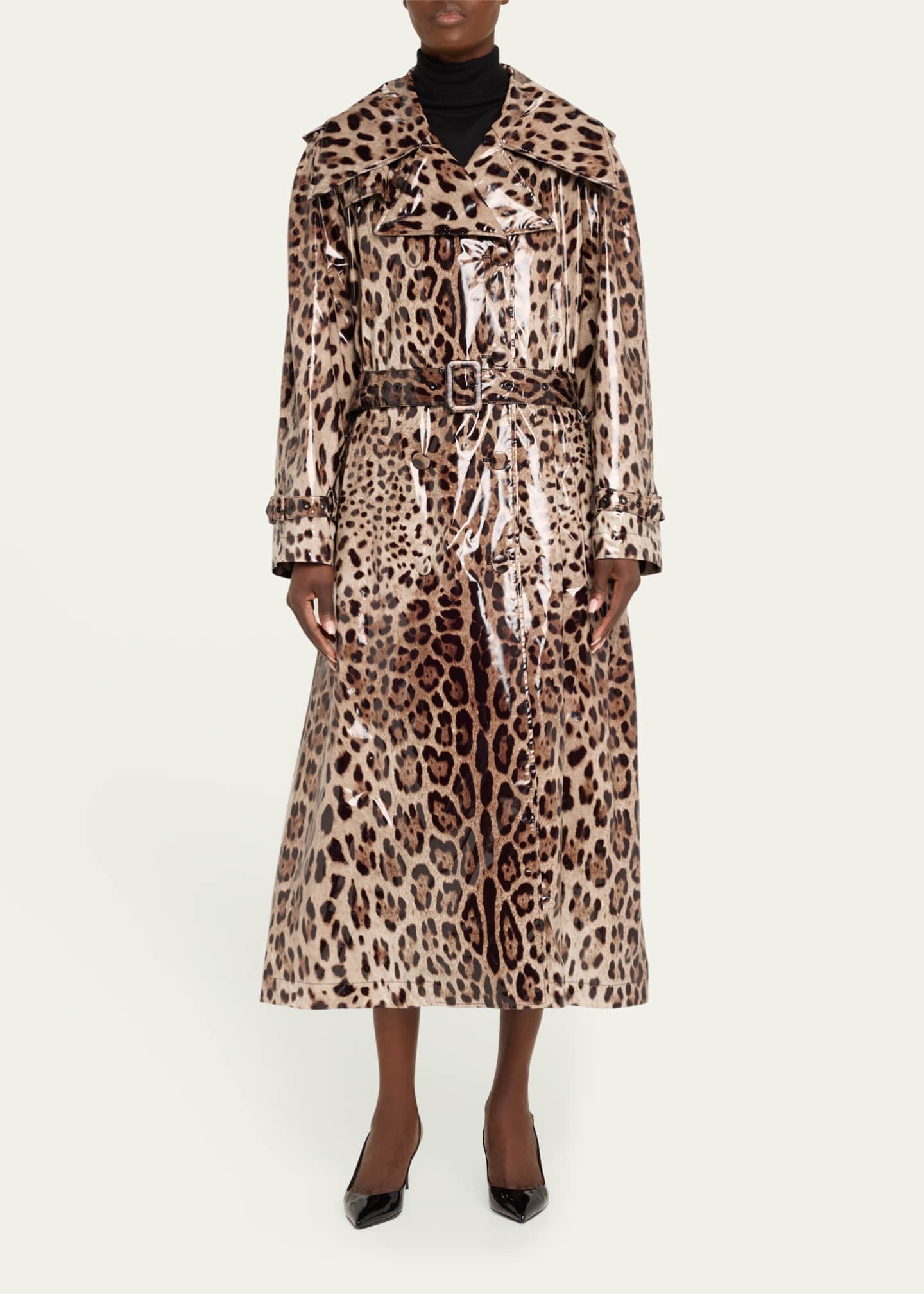 Dolce&Gabbana Leopard-Print Belted Shiny Long Trench Coat Image 2 of 5