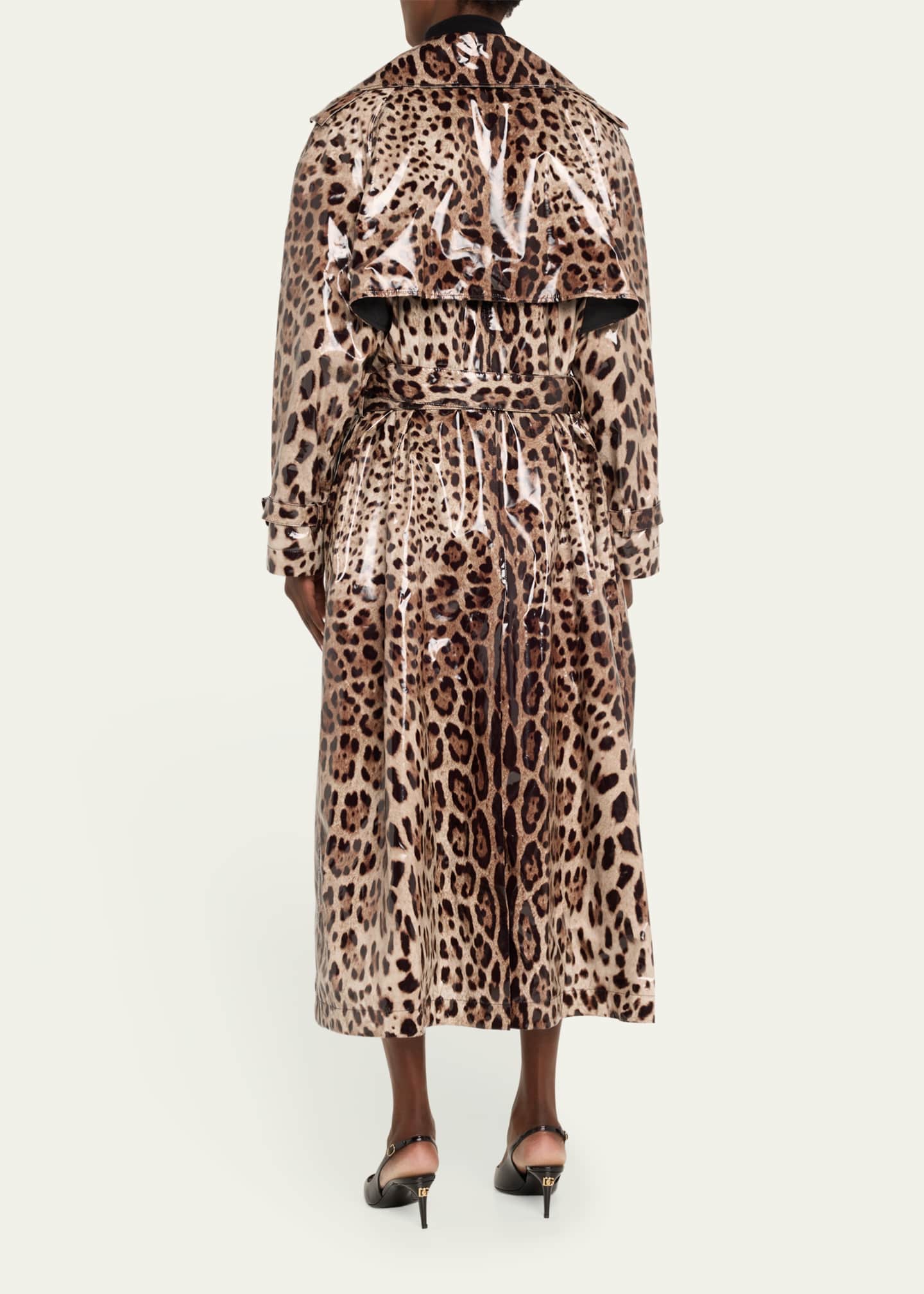 Dolce&Gabbana Leopard-Print Belted Shiny Long Trench Coat Image 3 of 5