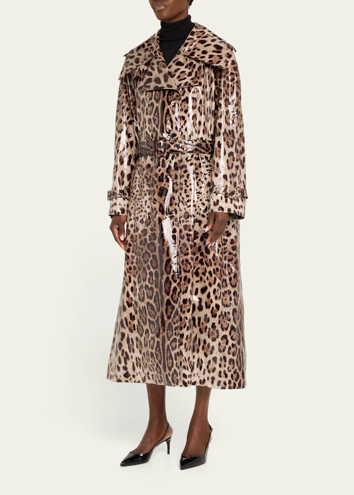 Dolce&Gabbana Leopard-Print Belted Shiny Long Trench Coat Image 4 of 5
