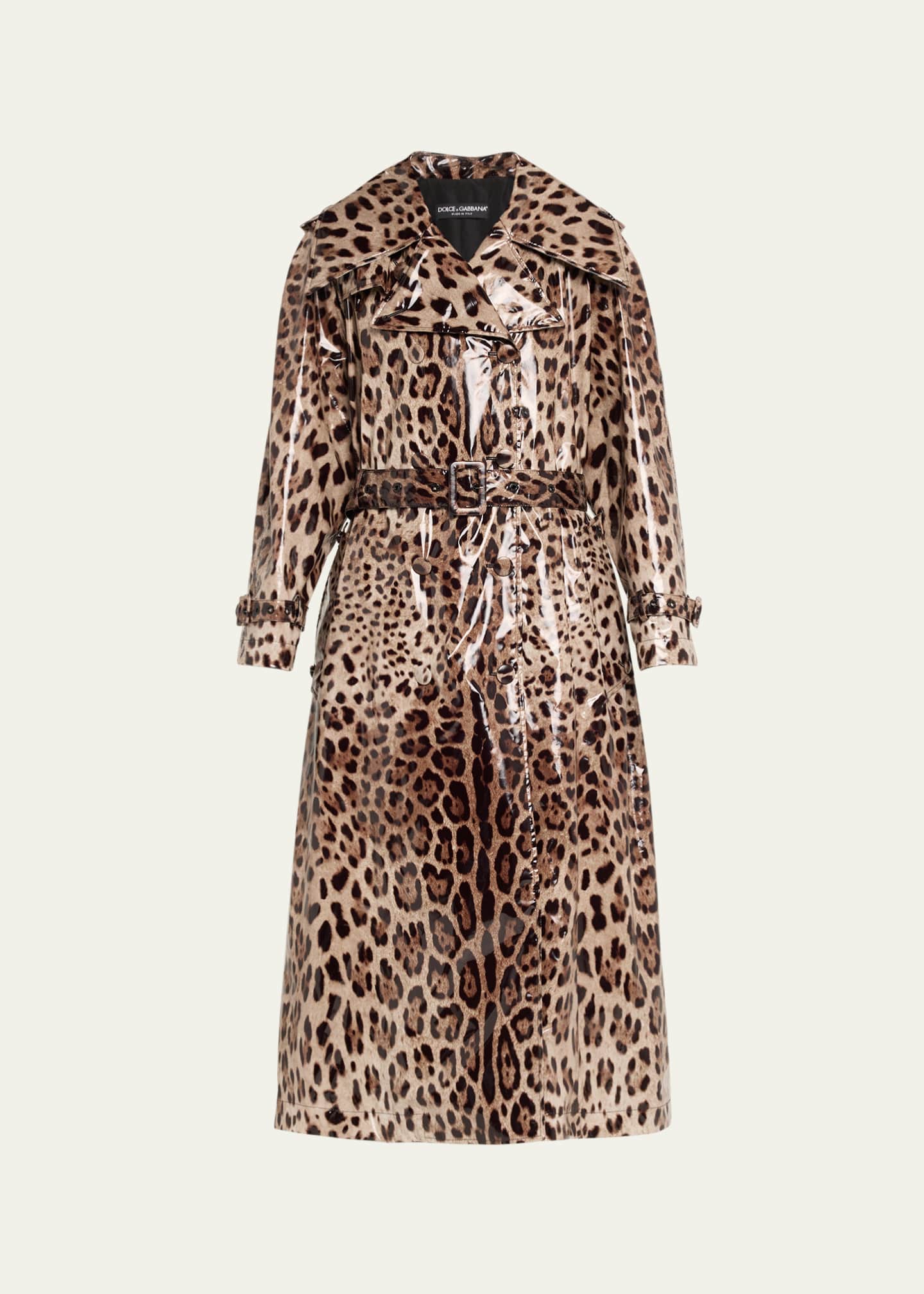 Dolce&Gabbana Leopard-Print Belted Shiny Long Trench Coat Image 1 of 5