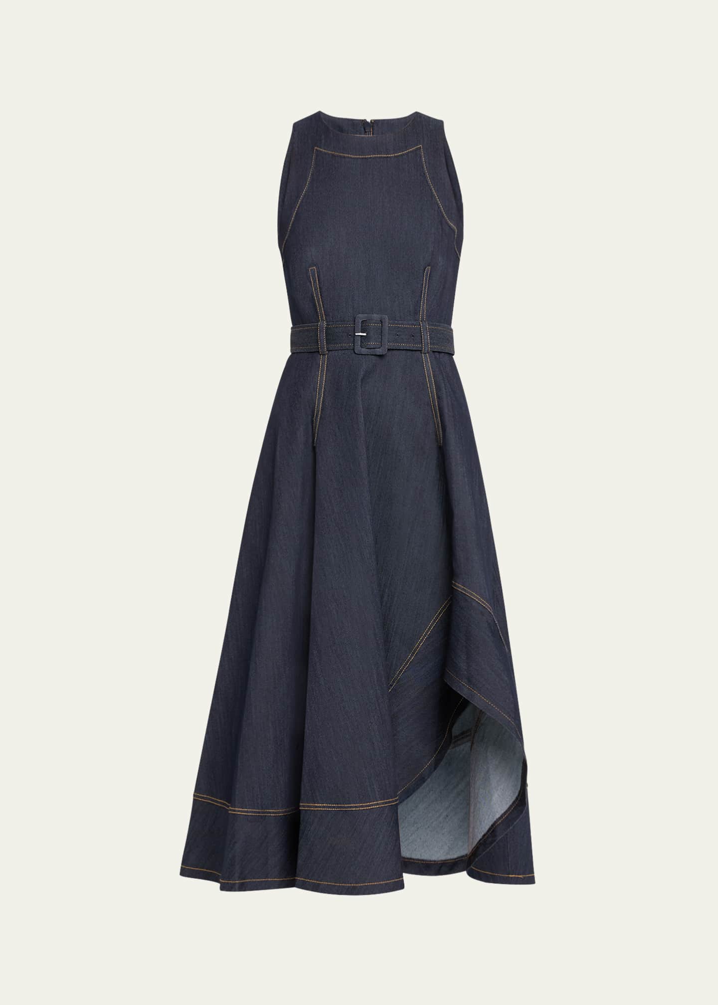 Cinq a Sept Zelda Belted Asymmetric Sleeveless Denim Midi Dress