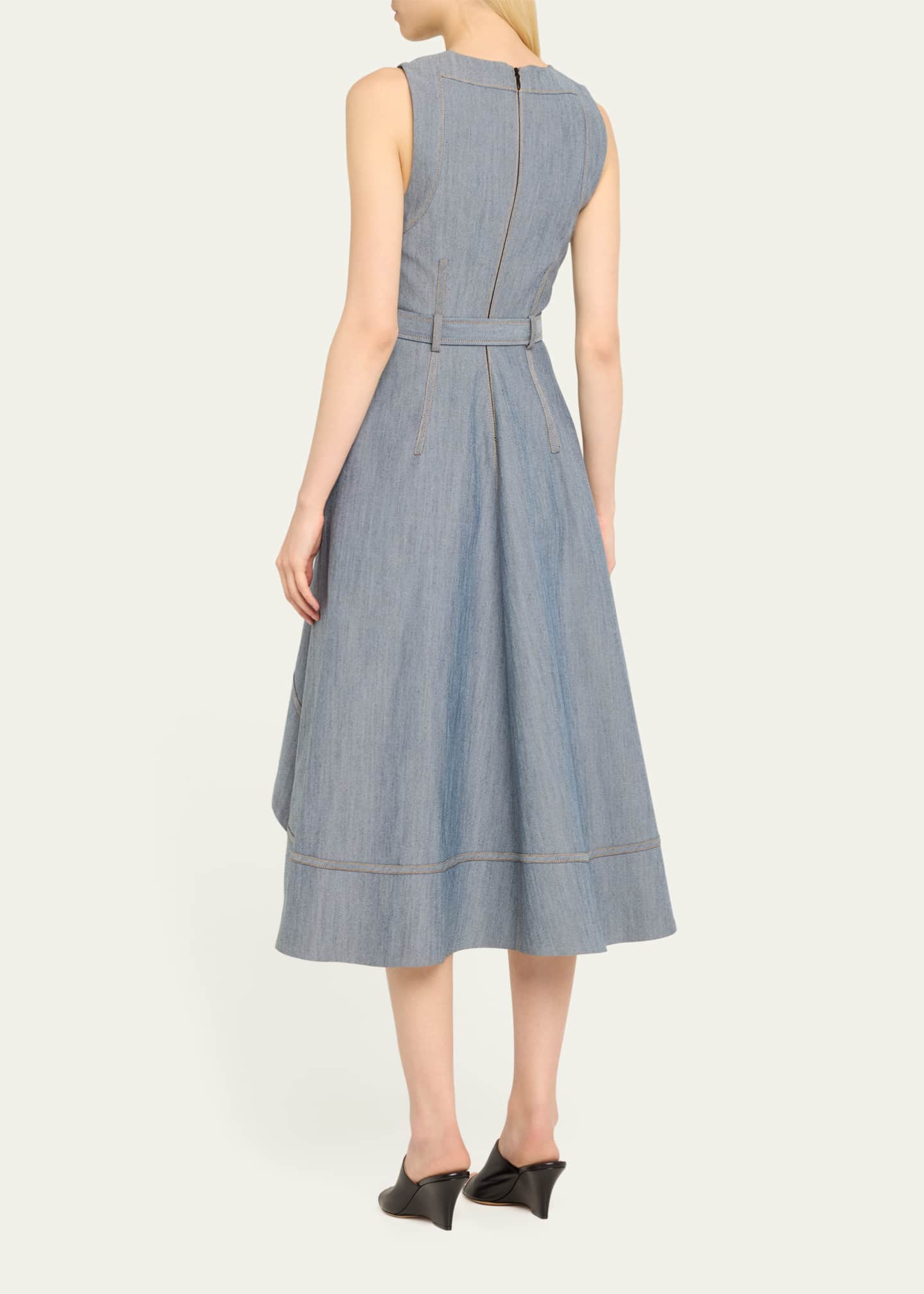 Cinq a Sept Zelda Belted Asymmetric Sleeveless Denim Midi Dress Image 3 of 5