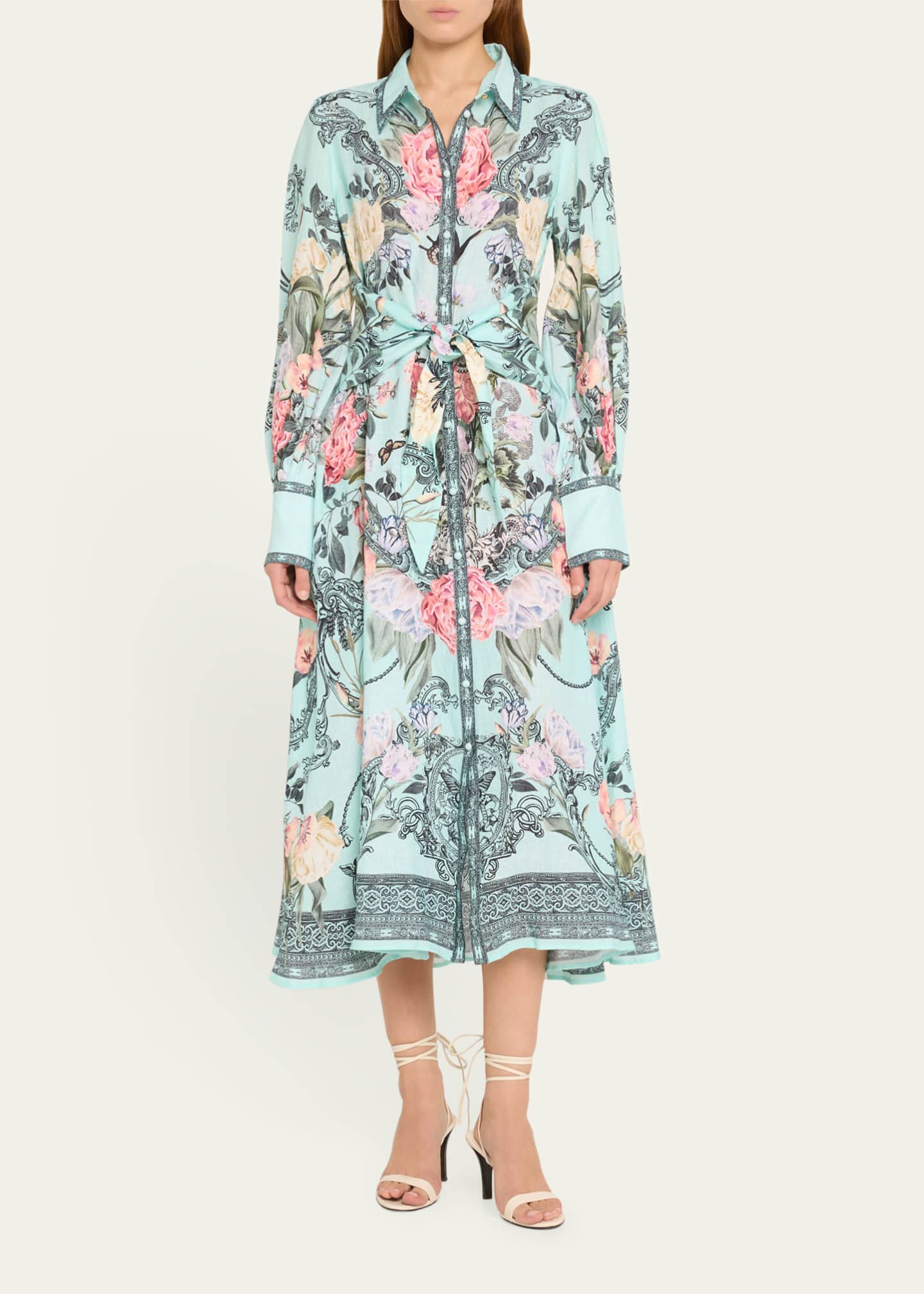 Camilla Waist-Tie Floral Linen Maxi Shirtdress Image 2 of 5
