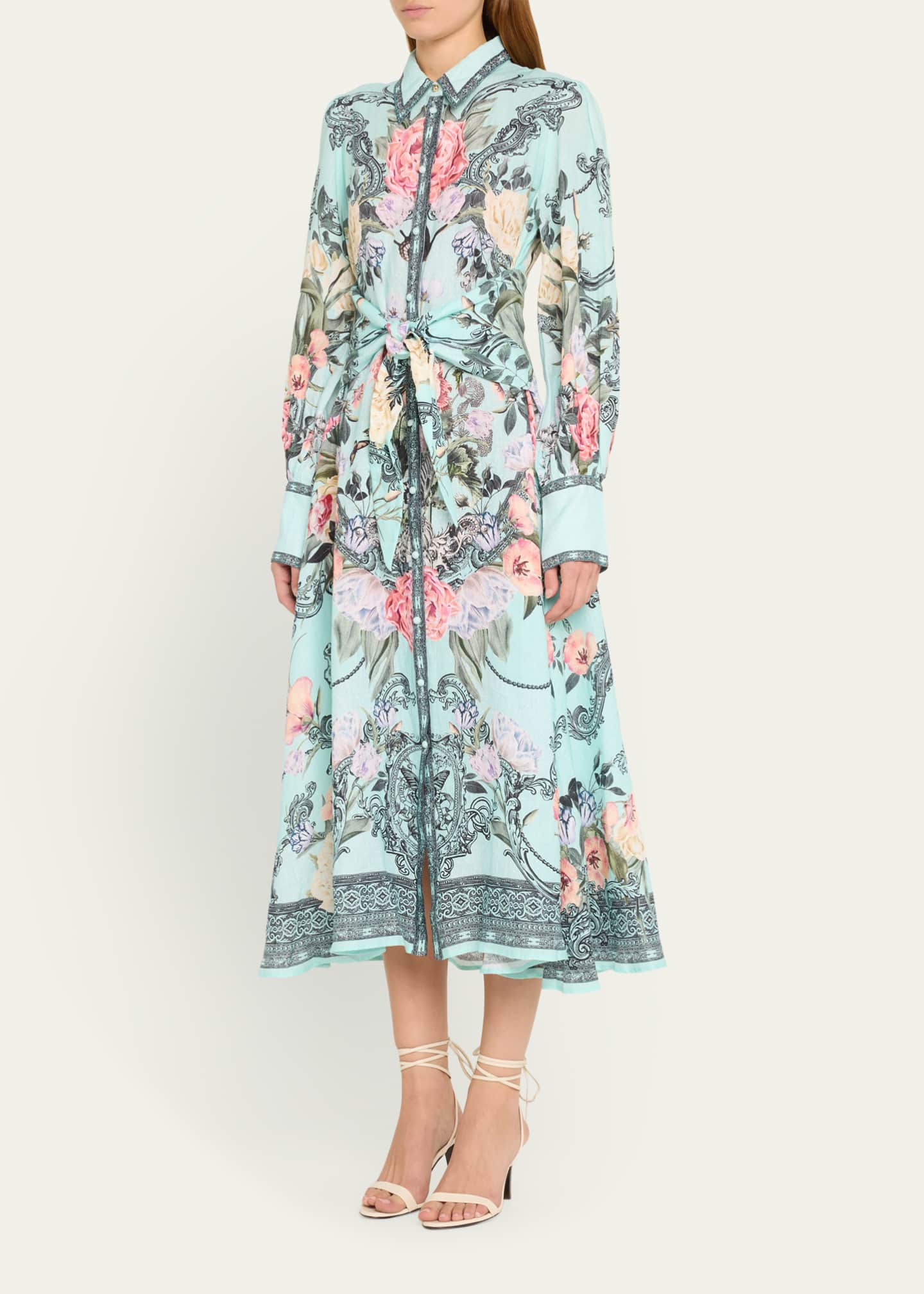 Camilla Waist-Tie Floral Linen Maxi Shirtdress Image 4 of 5