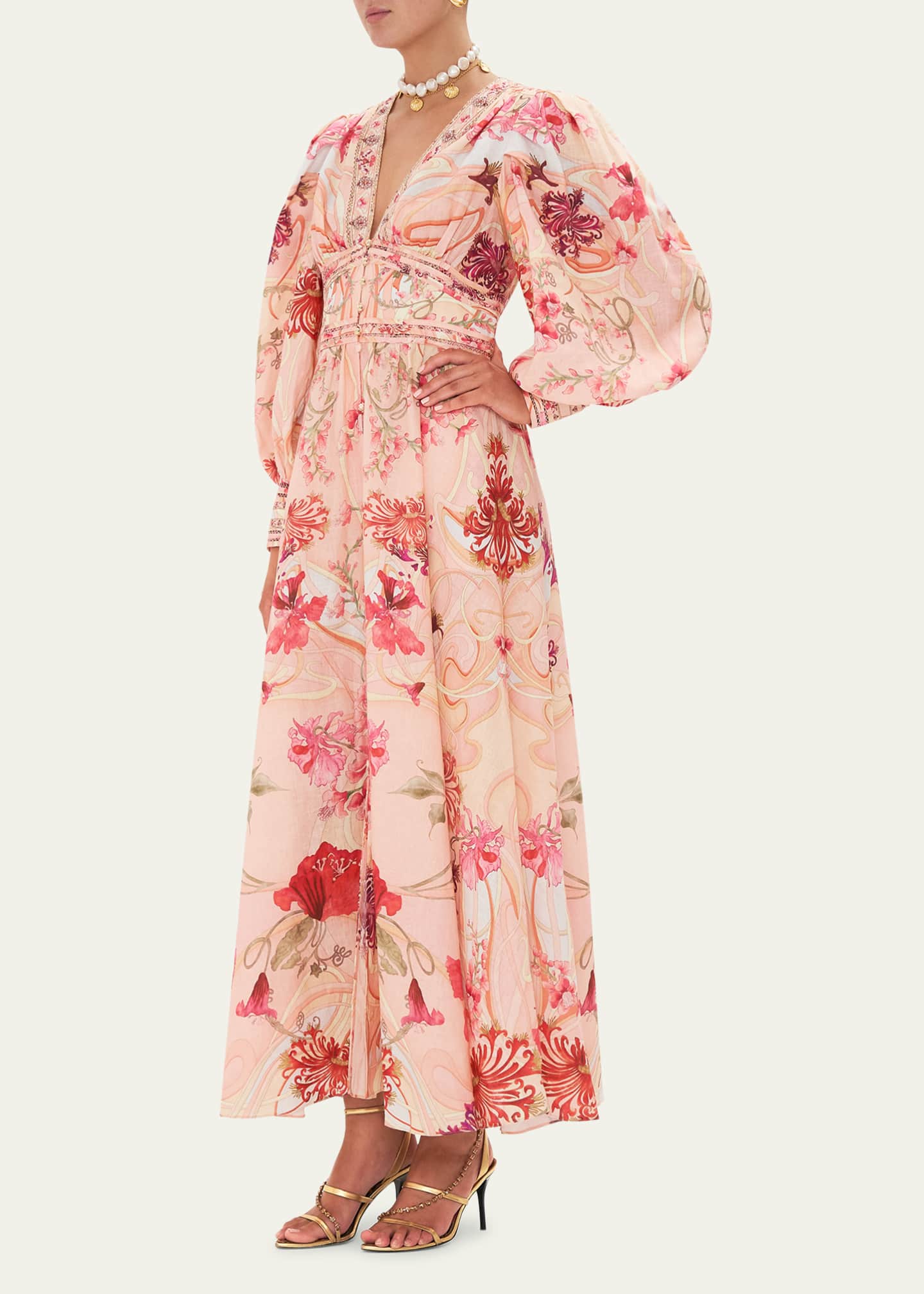 Camilla Floral Linen Shaped Waistband Maxi Dress Image 4 of 5