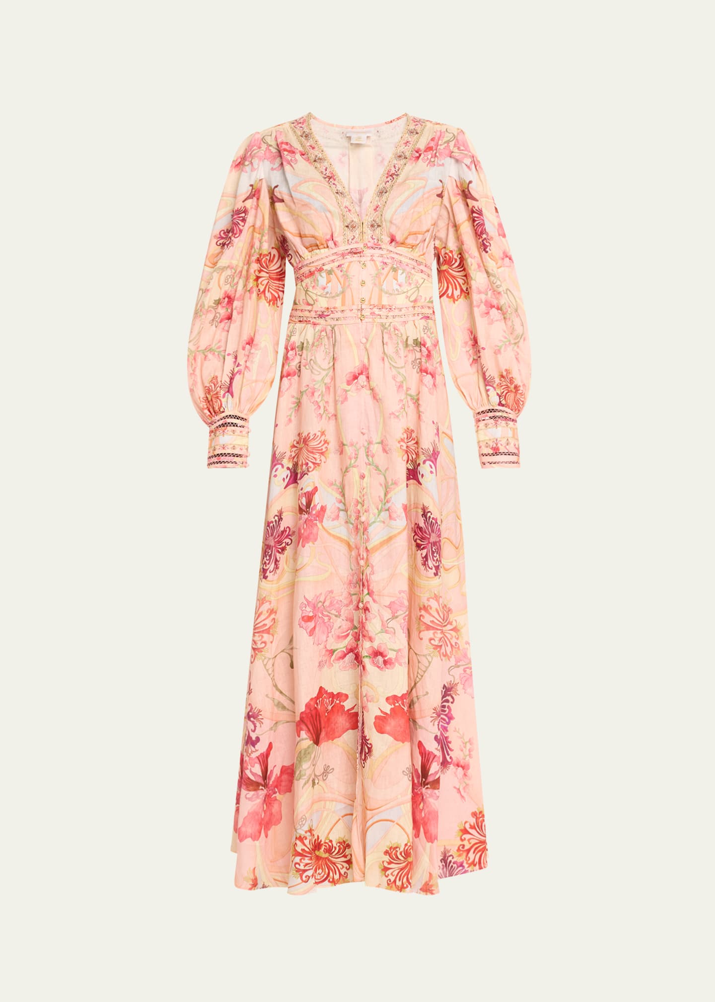 Camilla Floral Linen Shaped Waistband Maxi Dress Image 1 of 5