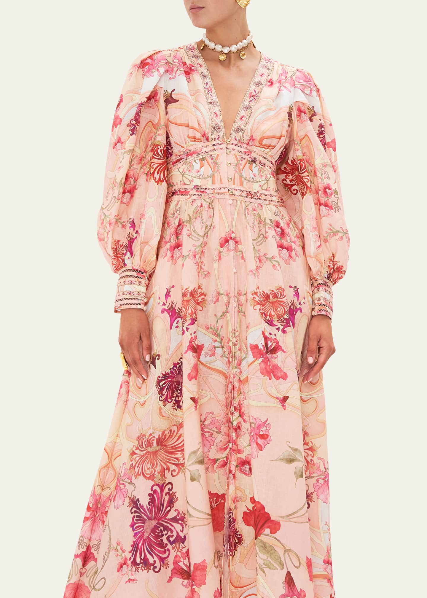 Camilla Floral Linen Shaped Waistband Maxi Dress Image 5 of 5