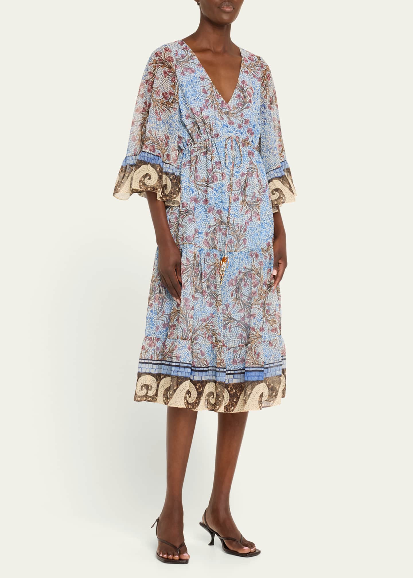 Kobi Halperin Logan Mosaic-Print Ruffle-Cuff Midi Dress - Bergdorf Goodman