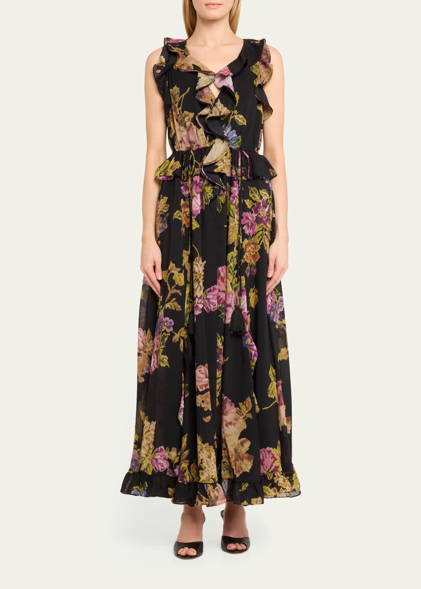 Scoop Neck Color Block Floral Print Ruffle Maxi Cami Dress