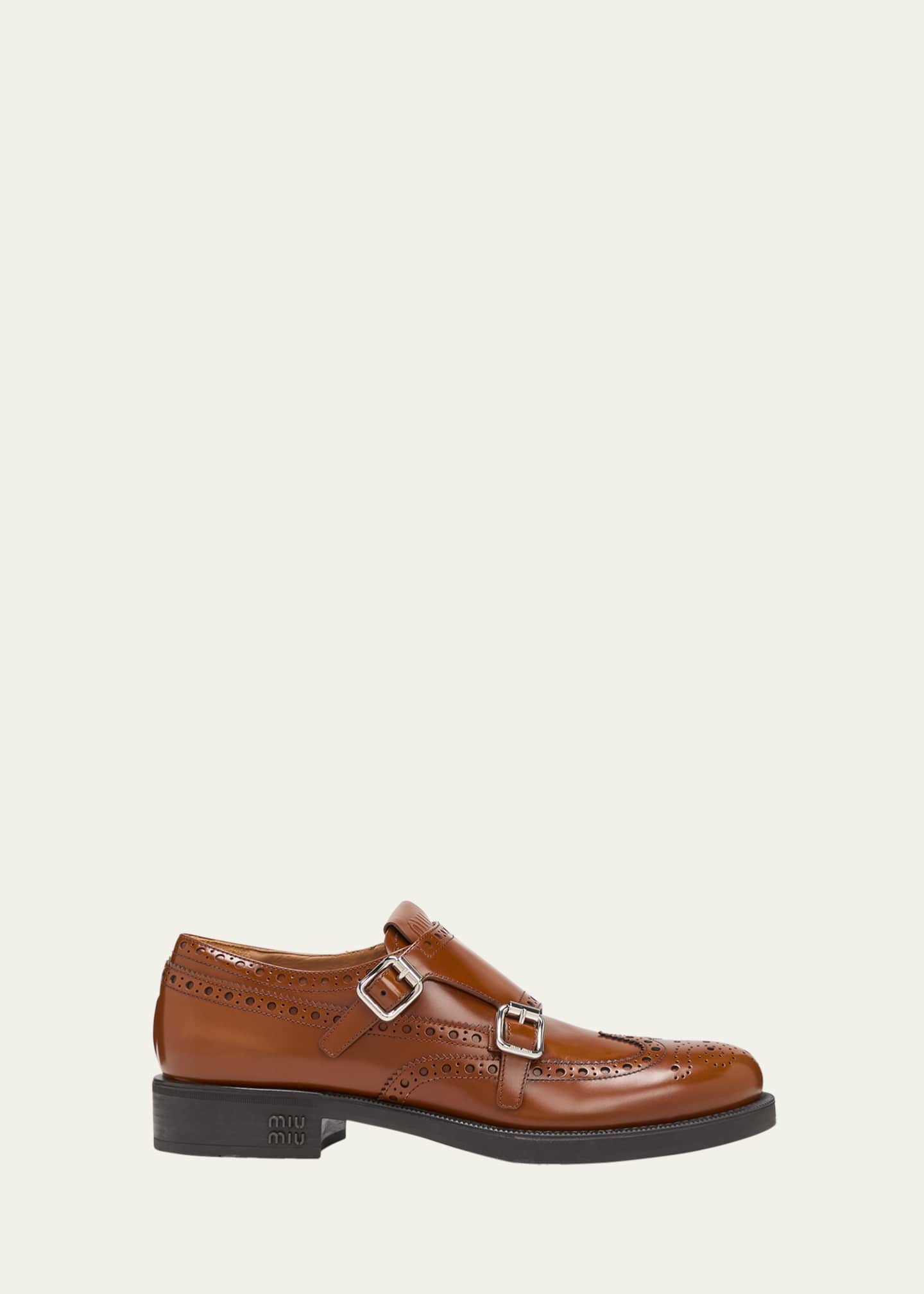 miu double monk brogue brown patent calfskin