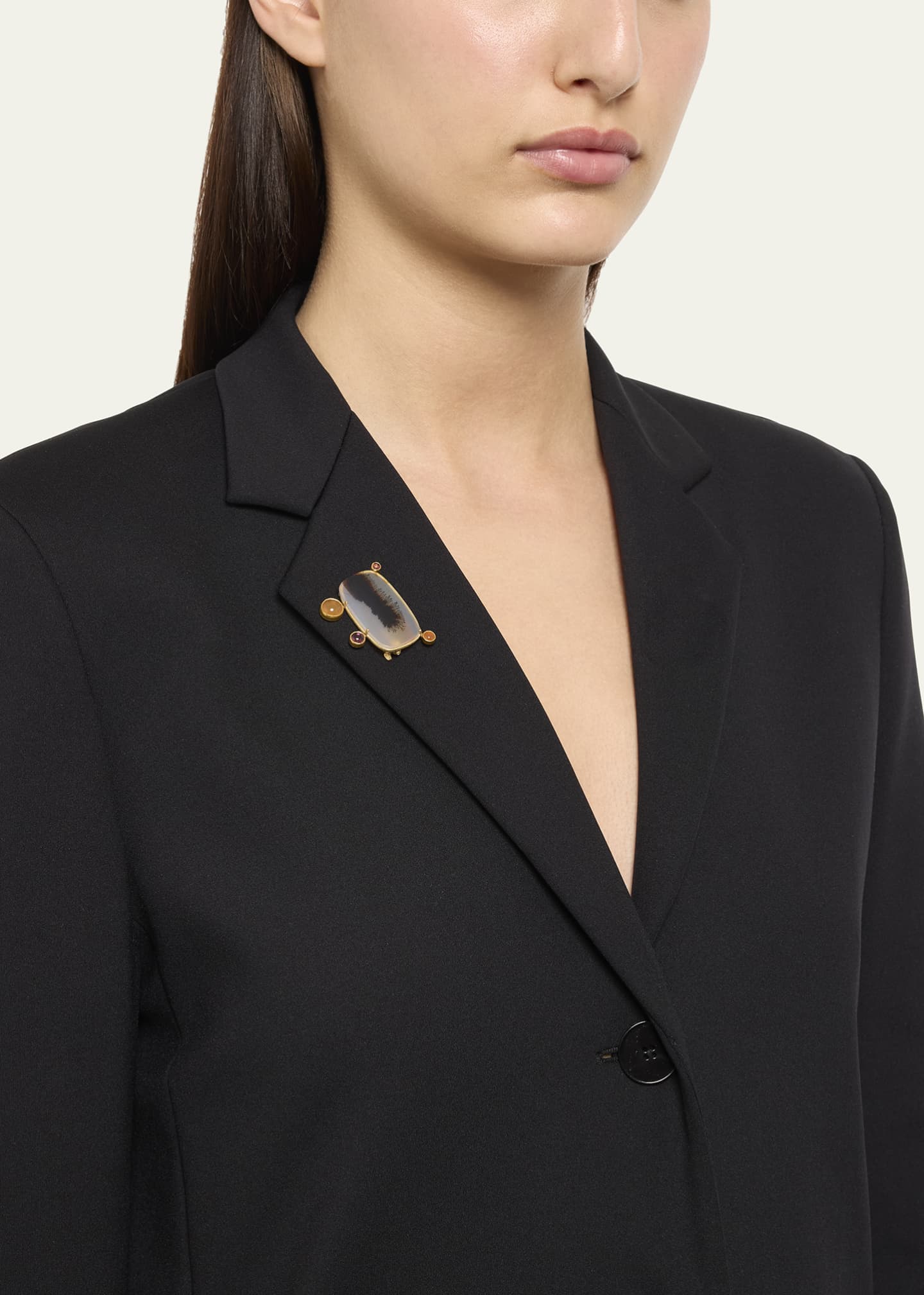 JUDY GEIB Dendritic Agate, Pink Tourmaline, and Carnelian Pin in 18K Yellow Gold Image 2 of 4