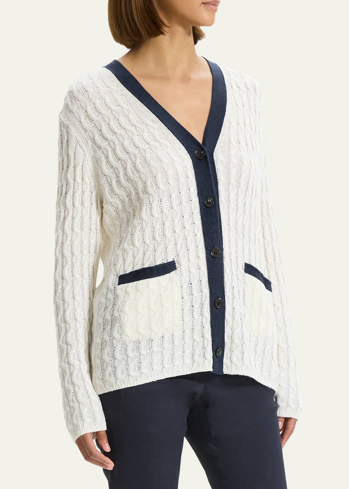 Theory Cable-Knit Contrast-Trim Cardigan - Bergdorf Goodman