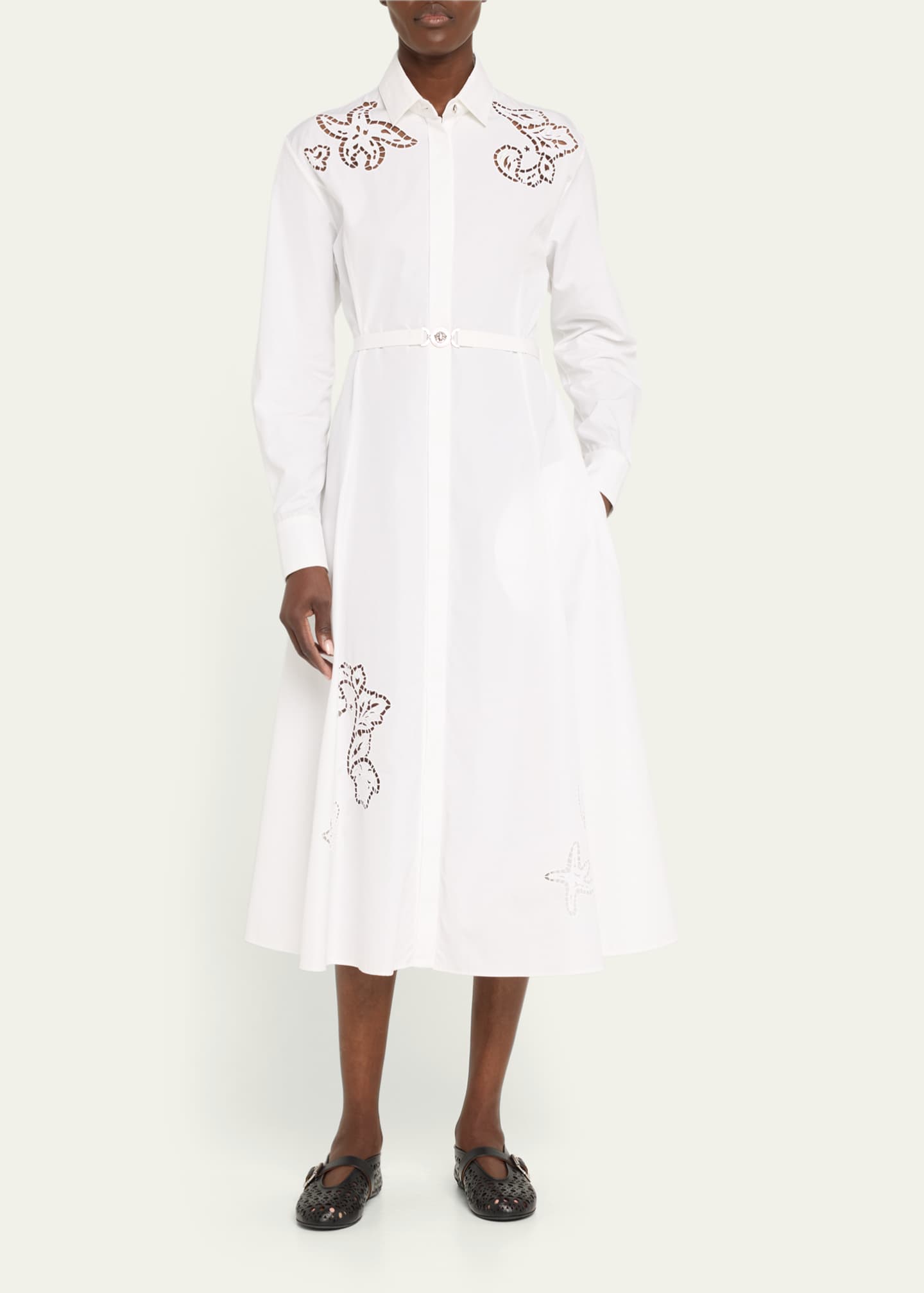 Versace Barocco Ajour Embroidery Poplin Belted Midi Dress Image 2 of 5