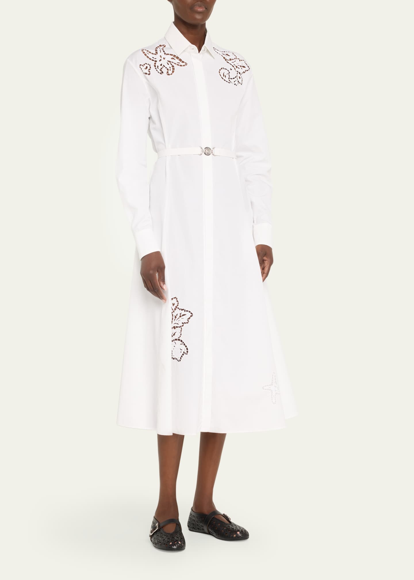 Versace Barocco Ajour Embroidery Poplin Belted Midi Dress Image 4 of 5