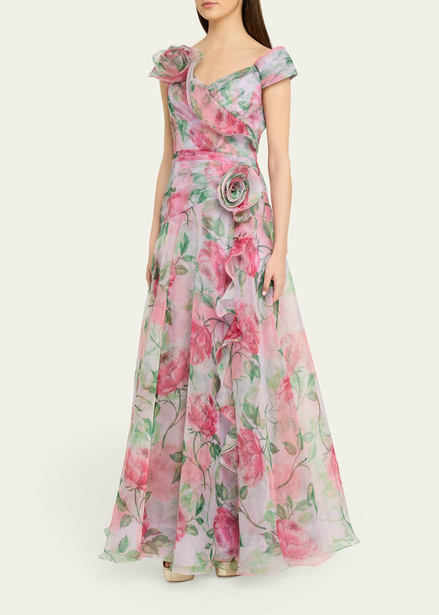 Rickie Freeman for Teri Jon Pleated Off-Shoulder Floral-Print Organza Gown  - Bergdorf Goodman