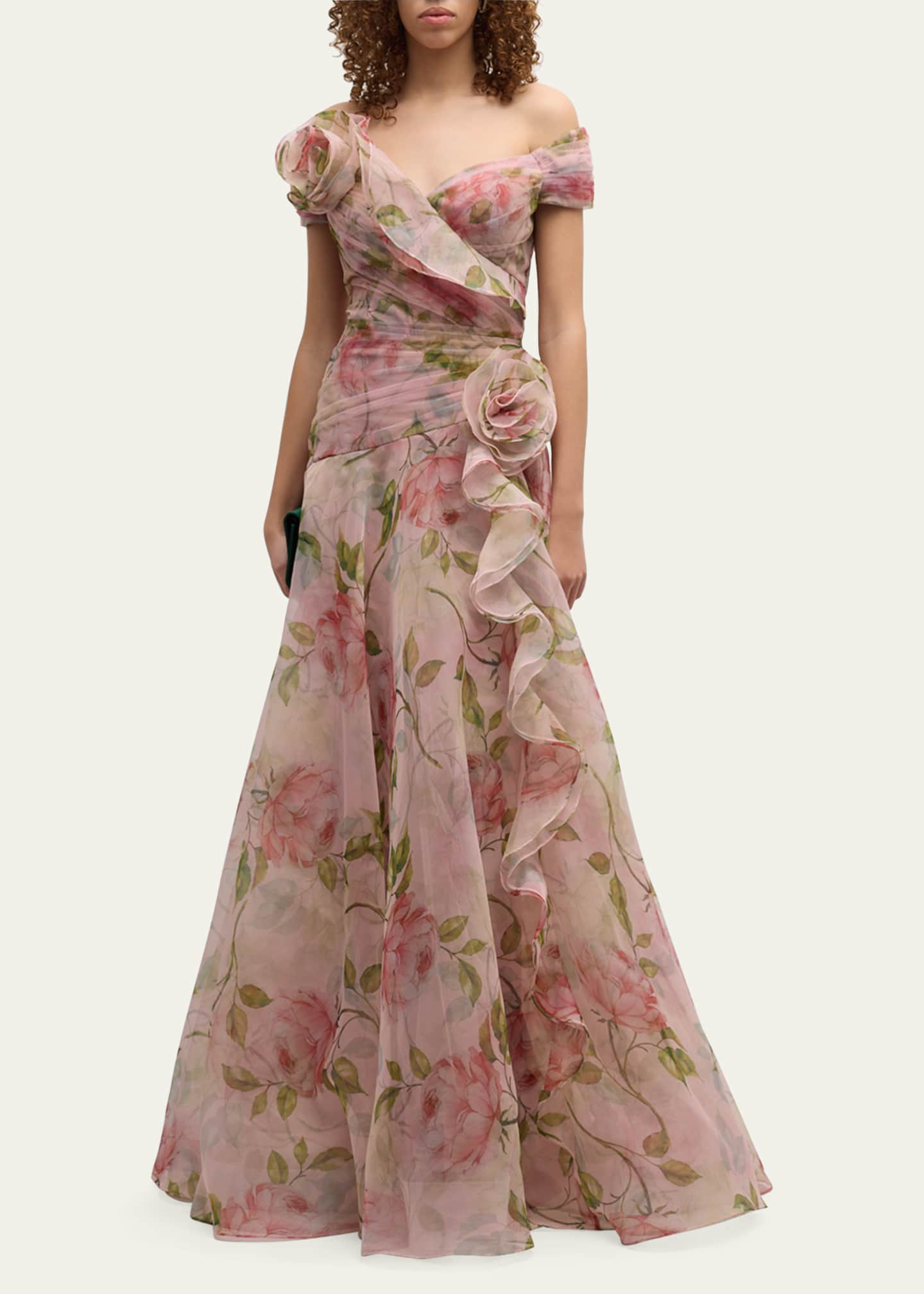 Rickie Freeman for Teri Jon Pleated Off-Shoulder Floral-Print Organza Gown Image 2 of 5