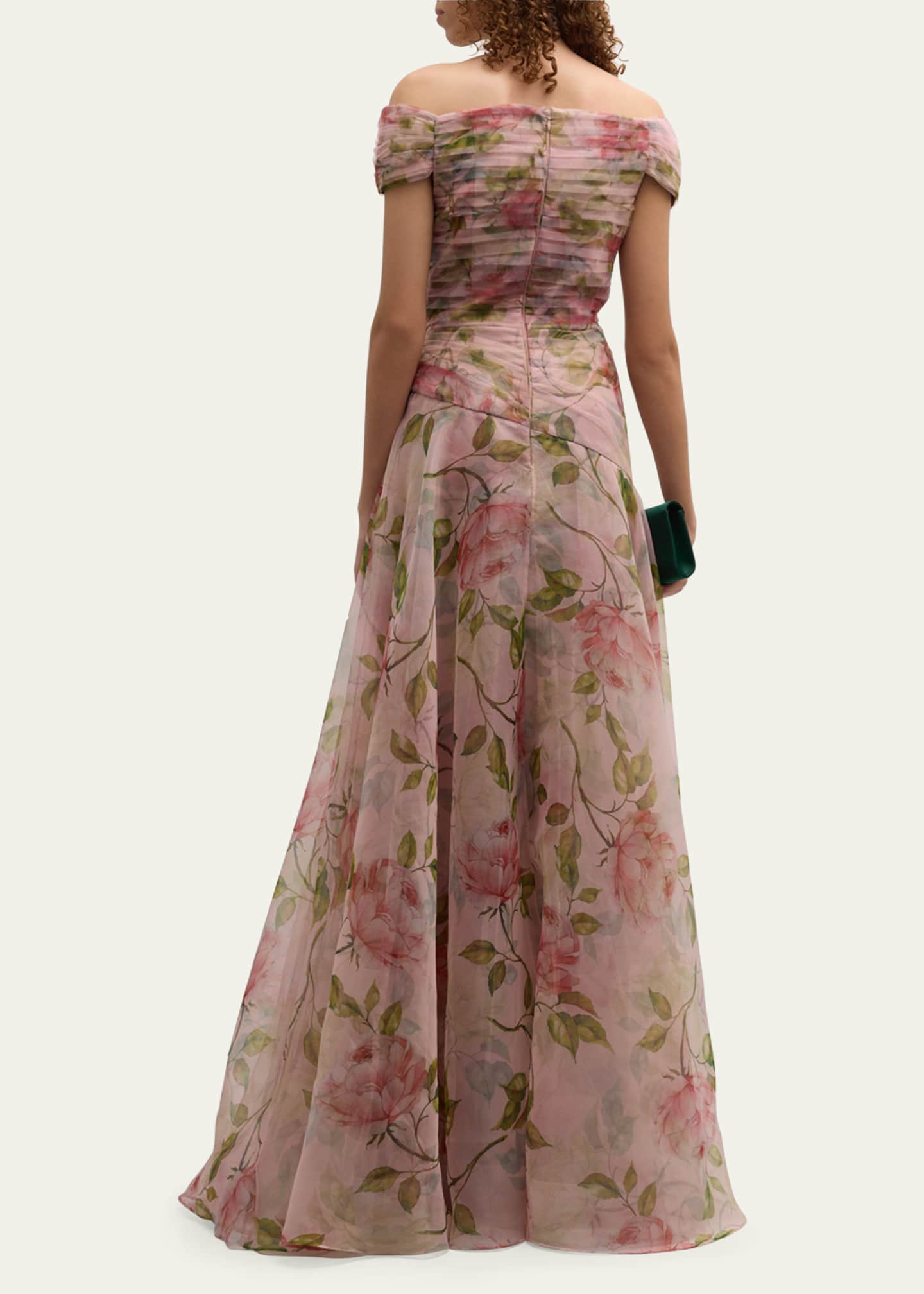 Rickie Freeman for Teri Jon Pleated Off-Shoulder Floral-Print Organza Gown Image 3 of 5