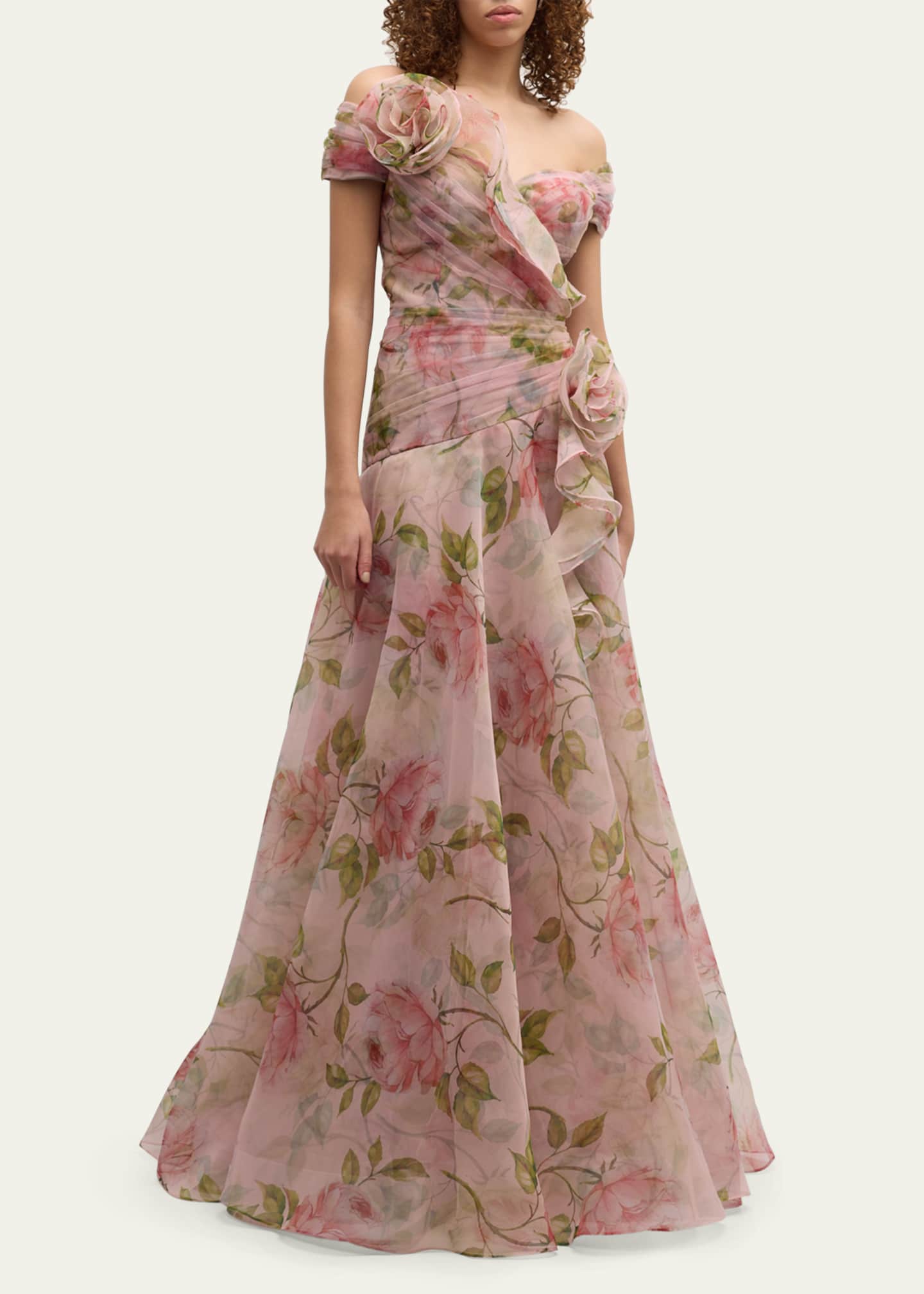 Rickie Freeman for Teri Jon Pleated Off-Shoulder Floral-Print Organza Gown Image 4 of 5