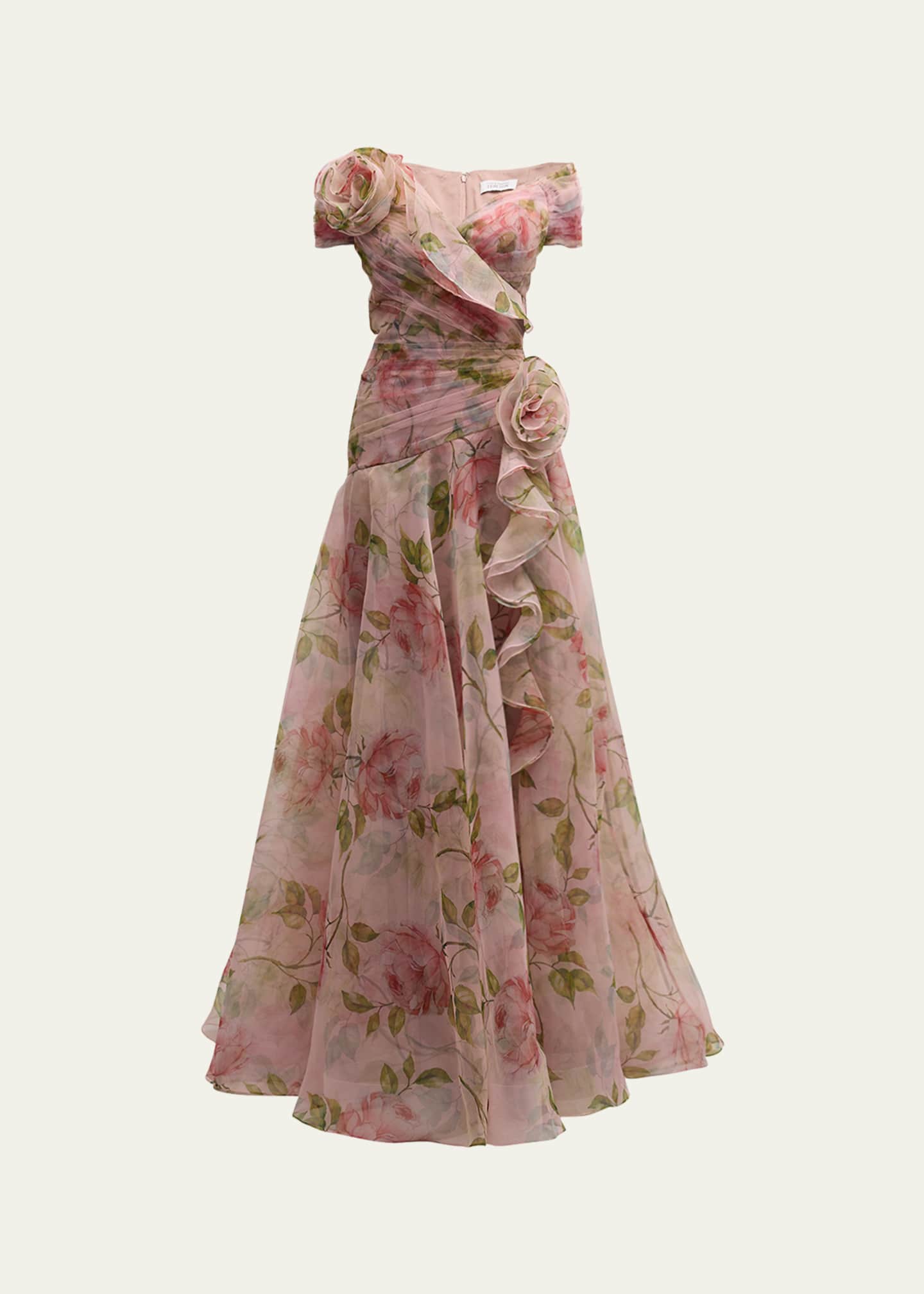 Rickie Freeman for Teri Jon Pleated Off-Shoulder Floral-Print Organza Gown Image 1 of 5