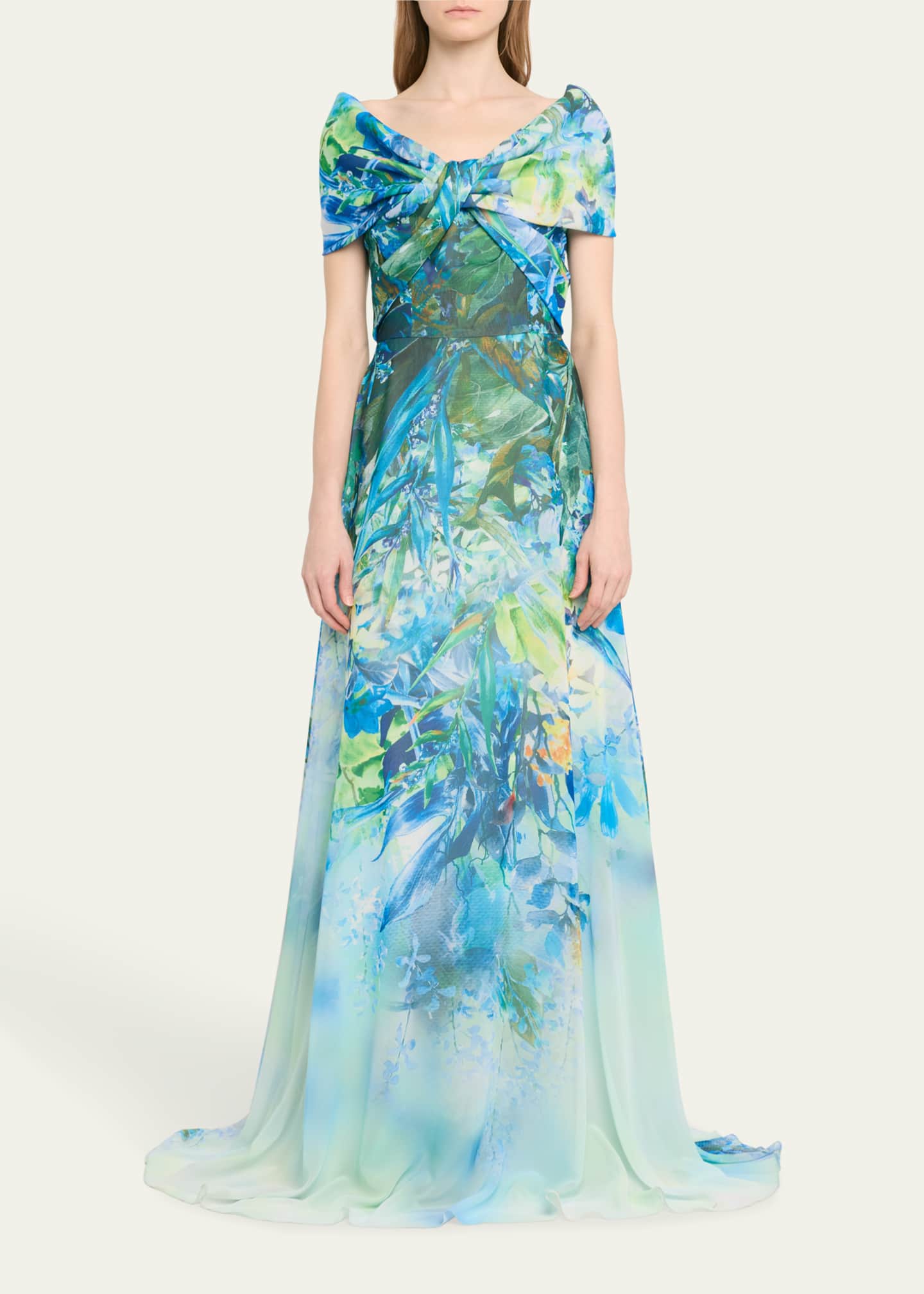Rickie Freeman for Teri Jon Off-Shoulder Floral-Print Chiffon Gown Image 2 of 5