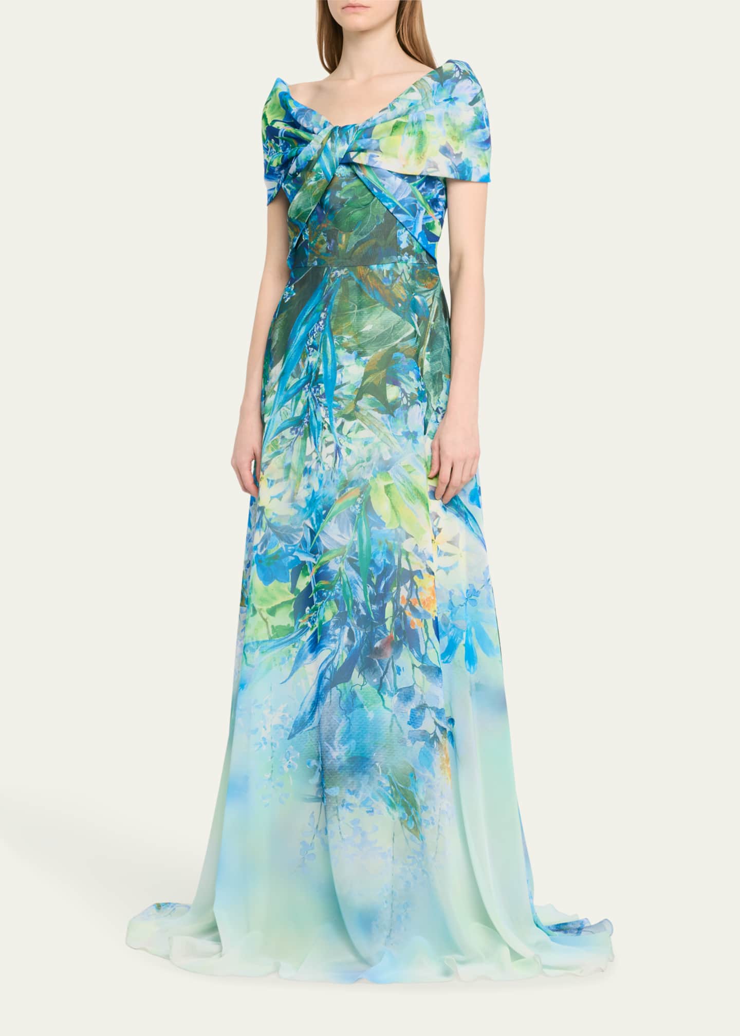 Rickie Freeman for Teri Jon Off-Shoulder Floral-Print Chiffon Gown Image 4 of 5