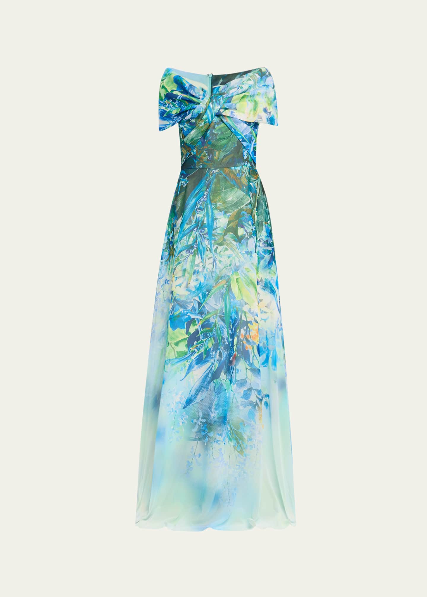Rickie Freeman for Teri Jon Off-Shoulder Floral-Print Chiffon Gown Image 1 of 5