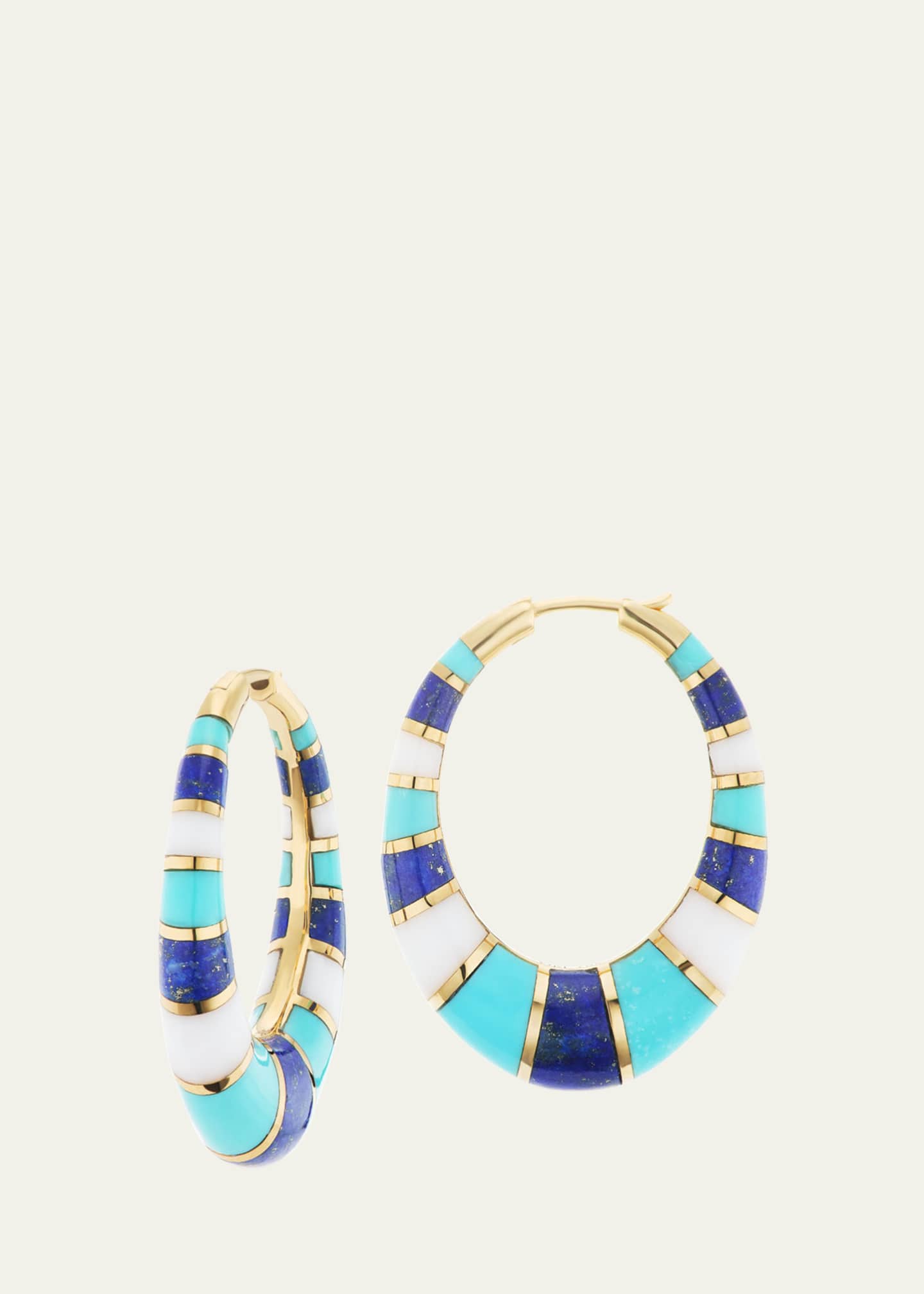 Orly Marcel 18K Yellow Gold Chunky Inlay Hoop Earrings with Lapis, Turquoise and White Onyx