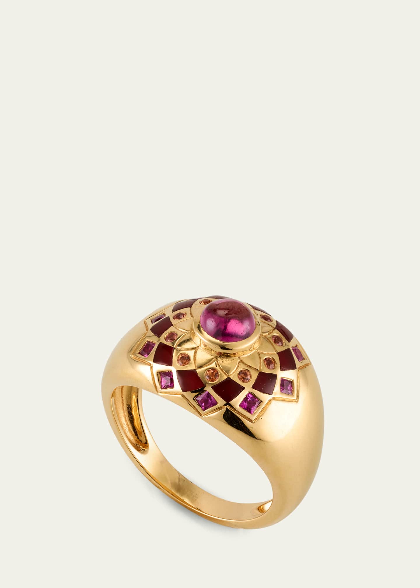 Orly Marcel 18K Yellow Gold Temple Mandala Dome Ring with Carnelian, Sapphires and Pink Tourmaline, Size 7 Image 3 of 4