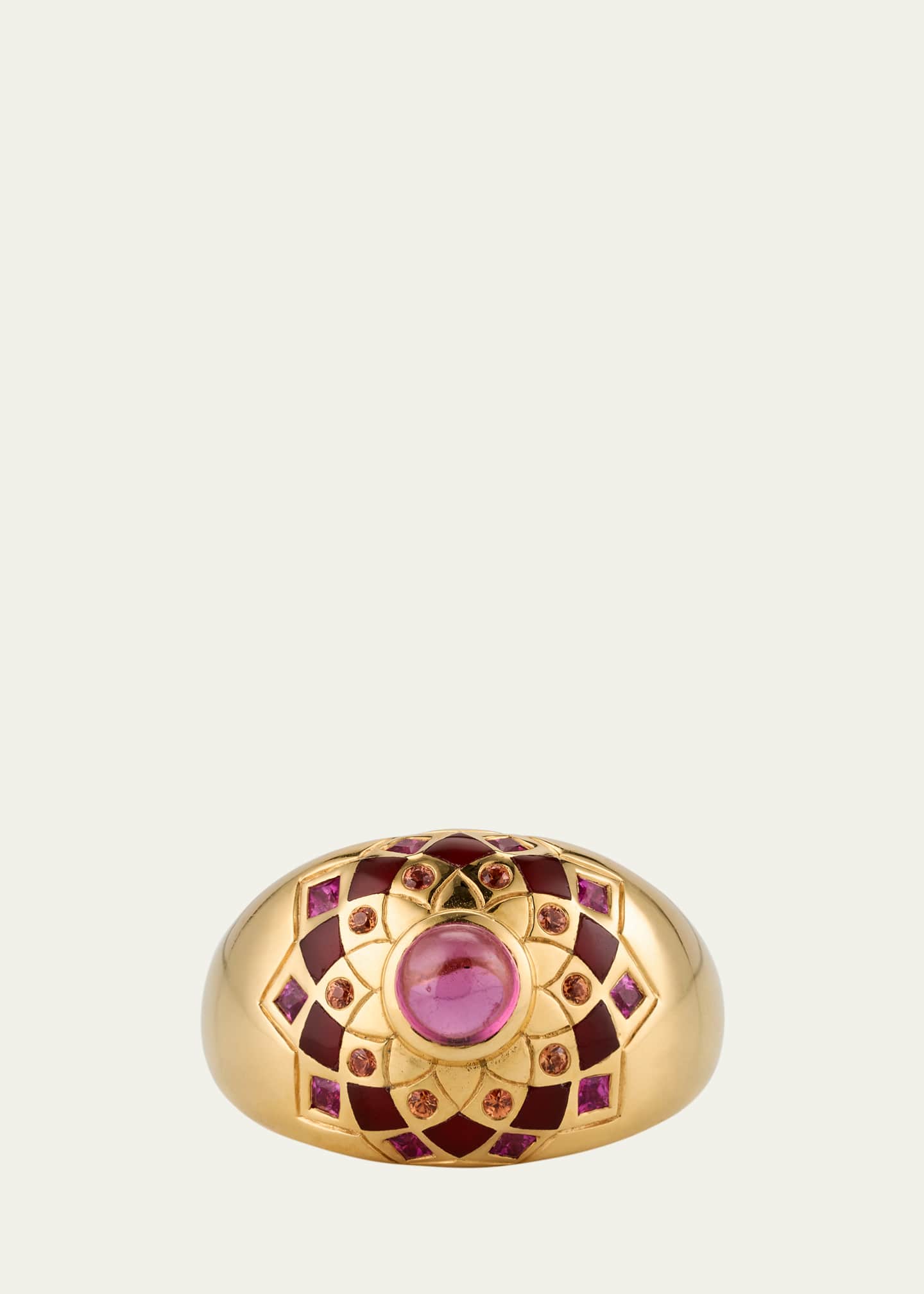 Orly Marcel 18K Yellow Gold Temple Mandala Dome Ring with Carnelian, Sapphires and Pink Tourmaline, Size 7 Image 1 of 4
