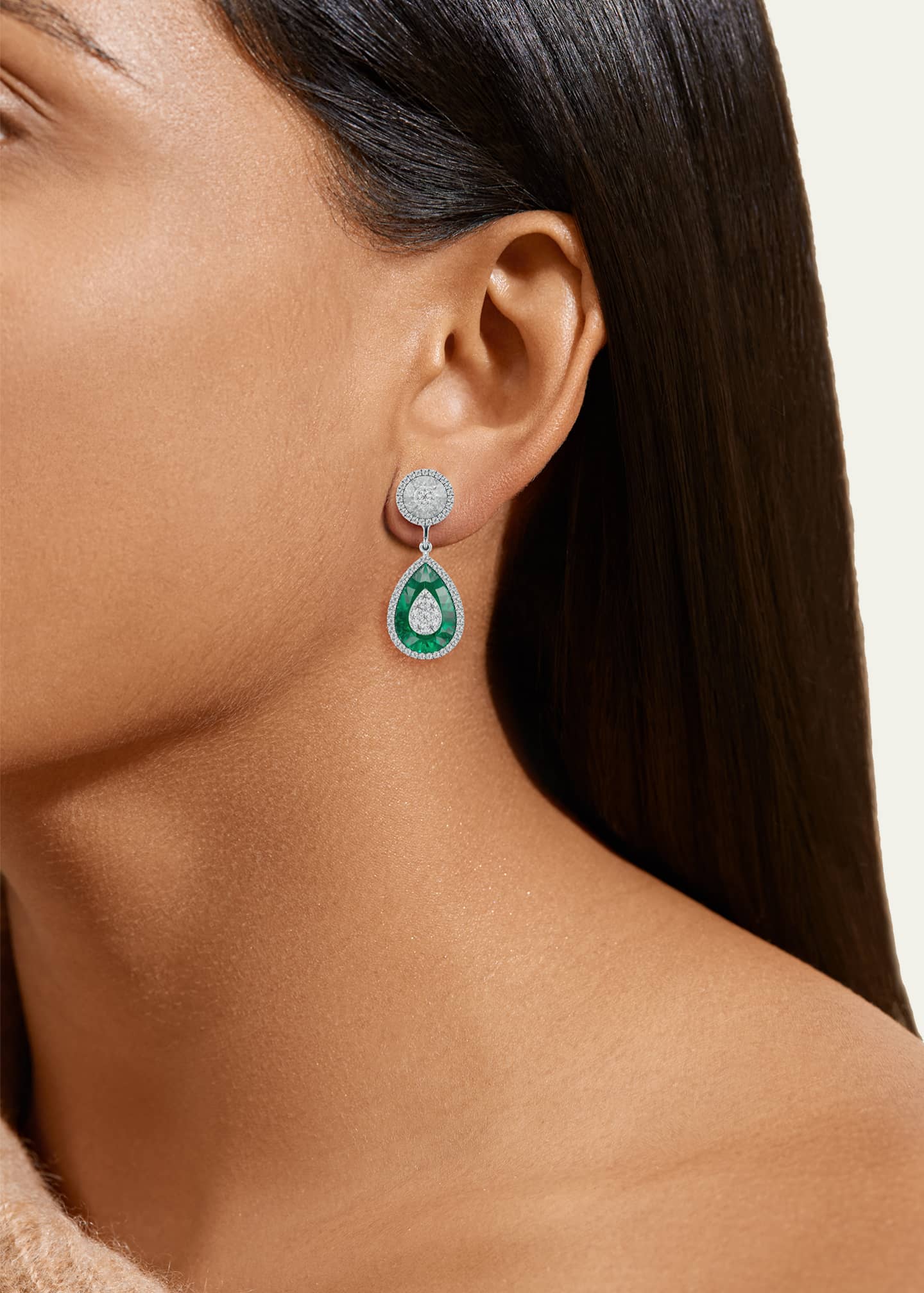 Bhansali One Collection Pear-Shape Drop Earrings with Diamond Halo & Fusion Emerald Image 2 of 2