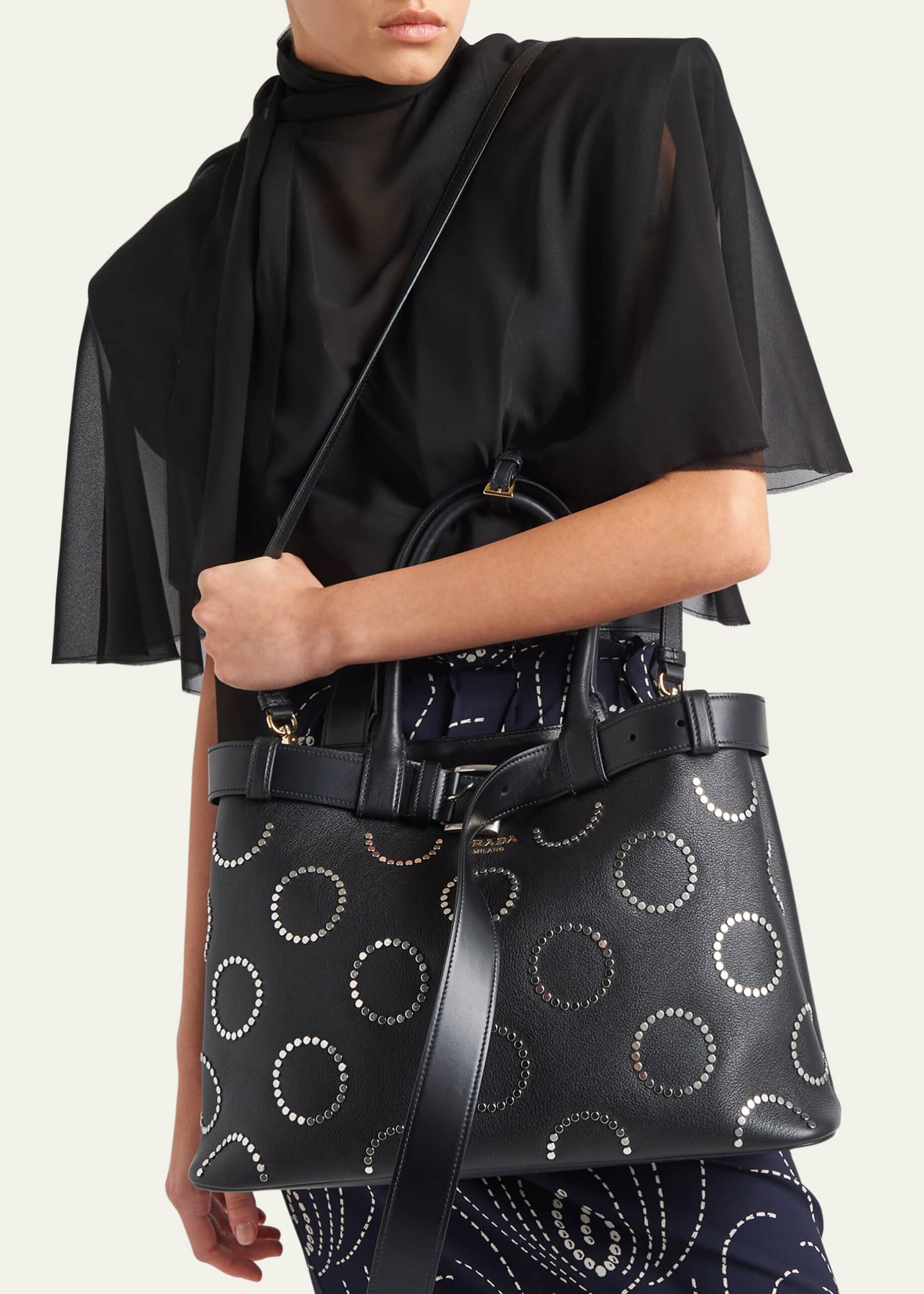 Prada Large Buckle Studded Leather Top-Handle Bag