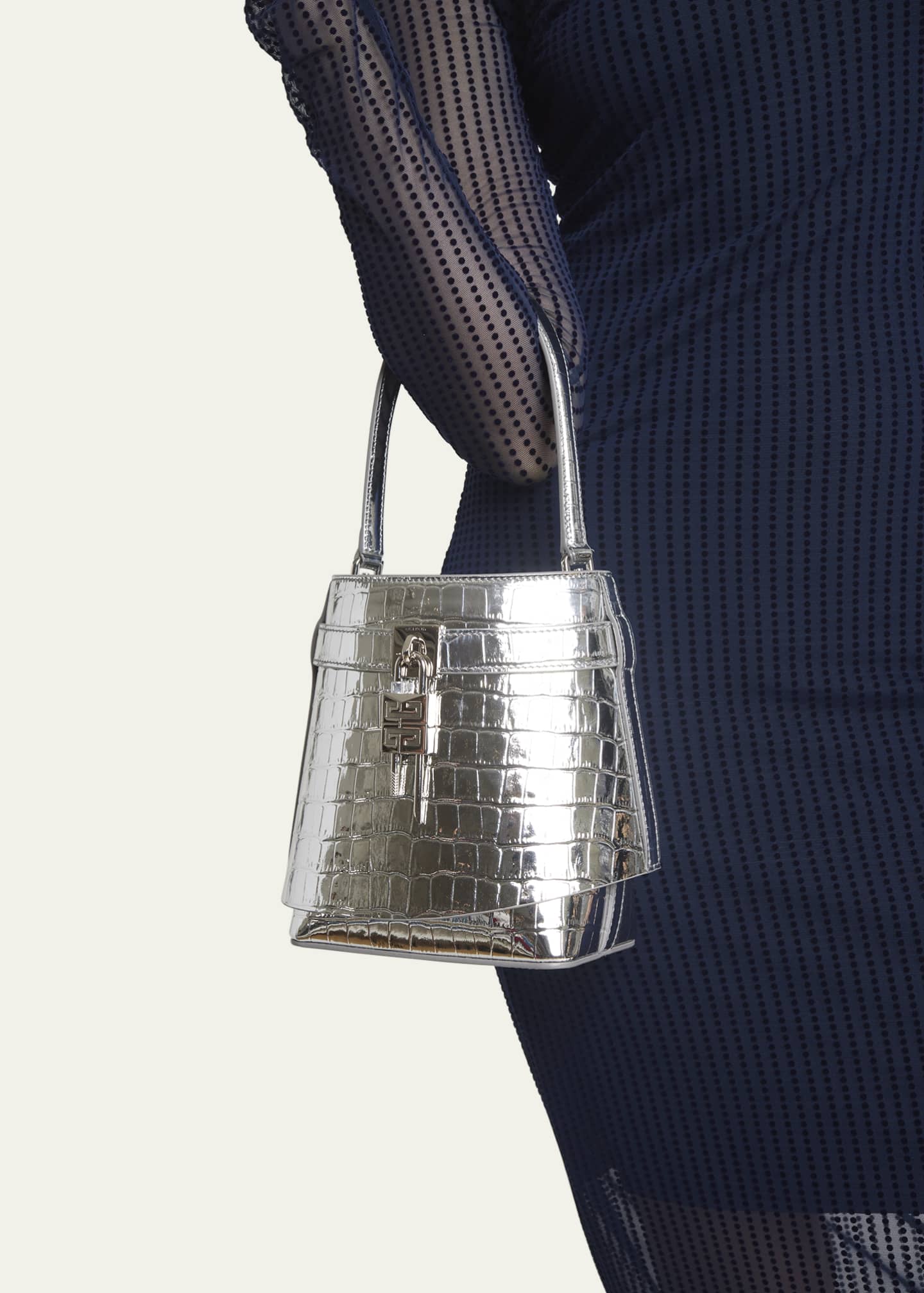 Givenchy Shark Lock Bucket Bag in Metallic Croc-Embossed Leather Image 2 of 5