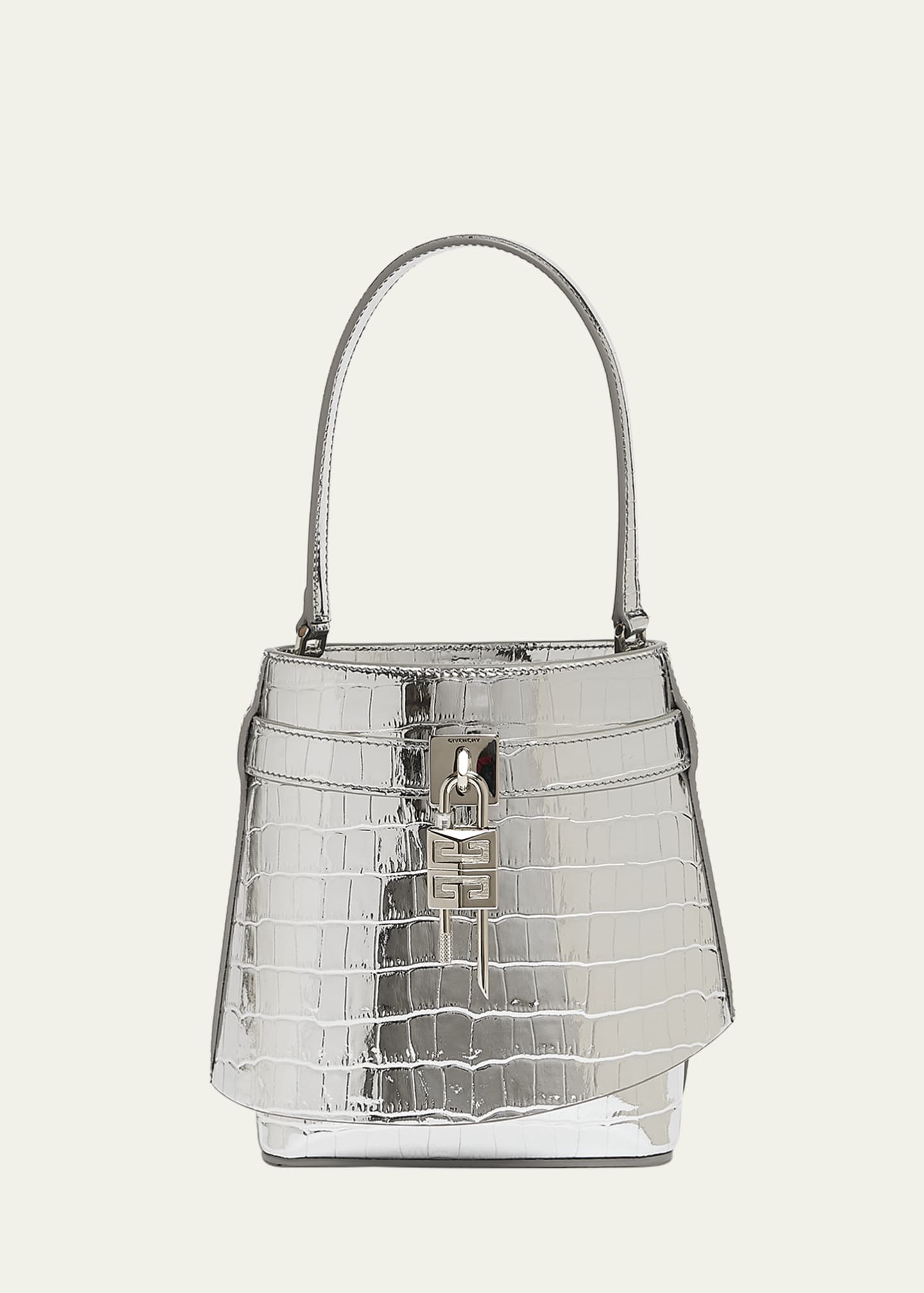 Givenchy Shark Lock Bucket Bag in Metallic Croc-Embossed Leather Image 1 of 5