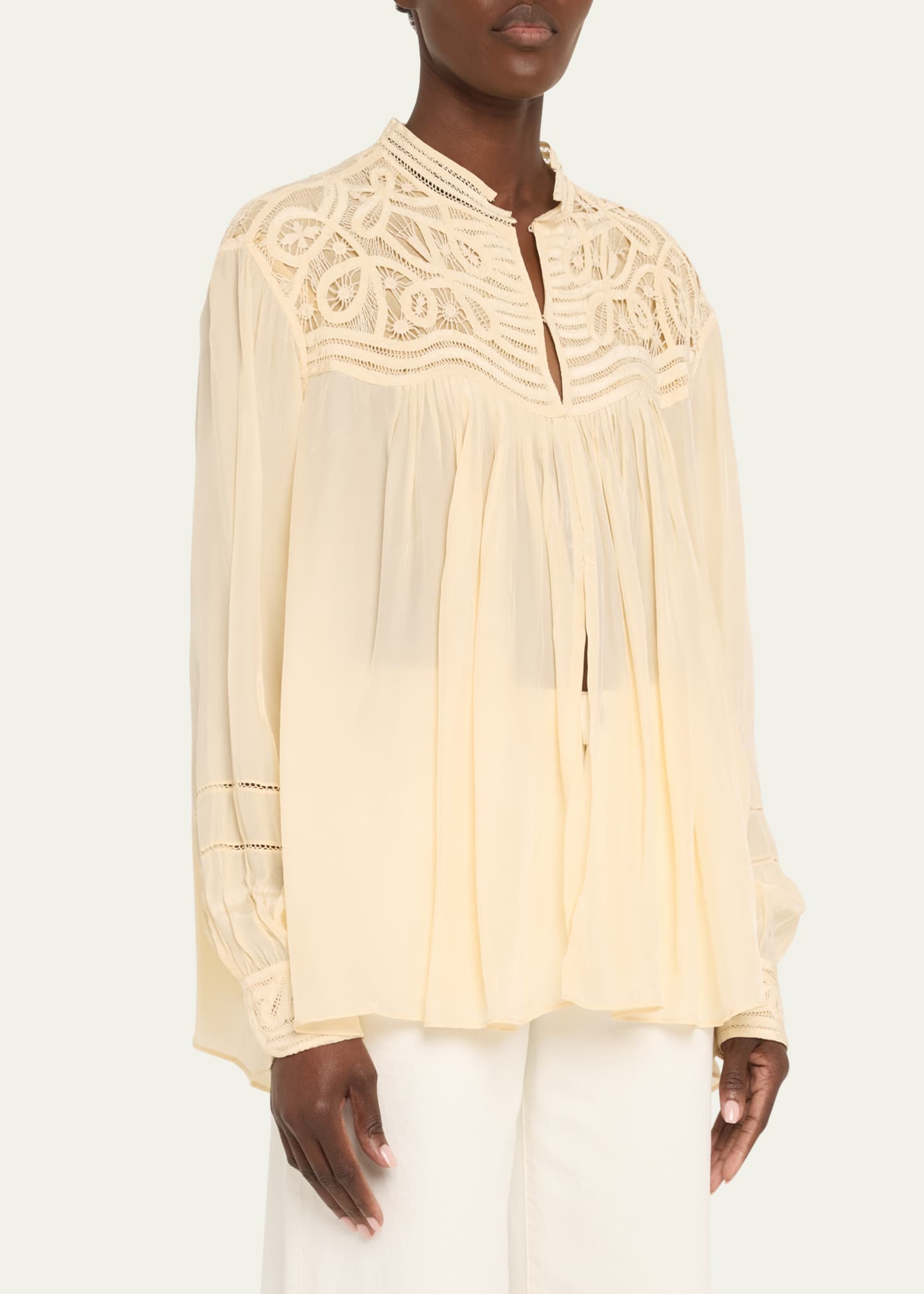 【送料&関税込】Bode Cream Satin Threadwork Blouse Bode Threadwork Tippet Tape Lace Blouse - Bergdorf Goodman