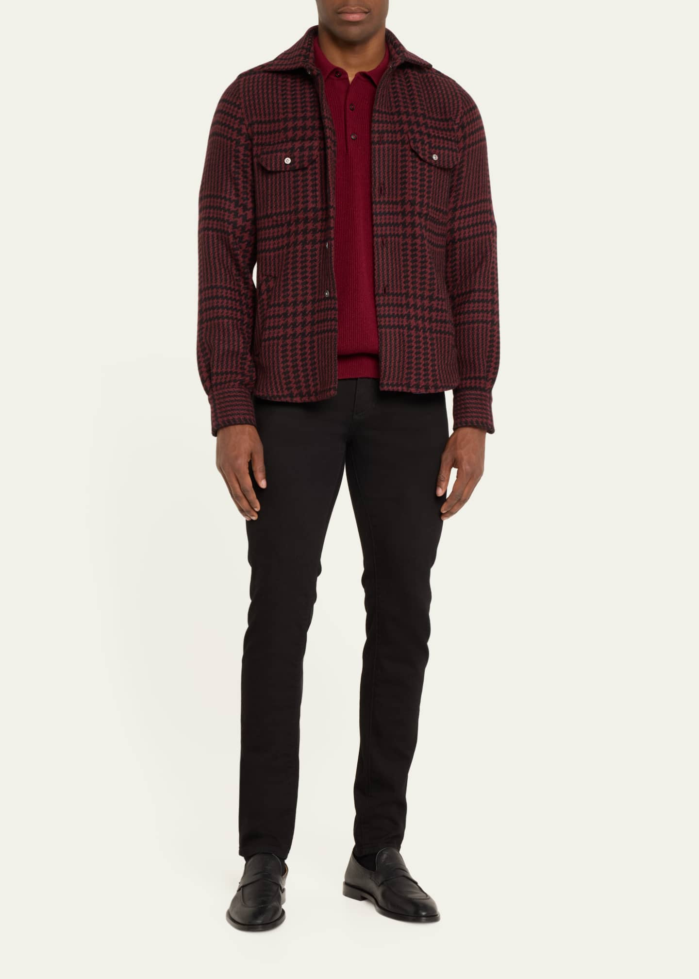 Kiton Men's Bordeaux Cashmere Plaid Shirt Jacket Image 2 of 5