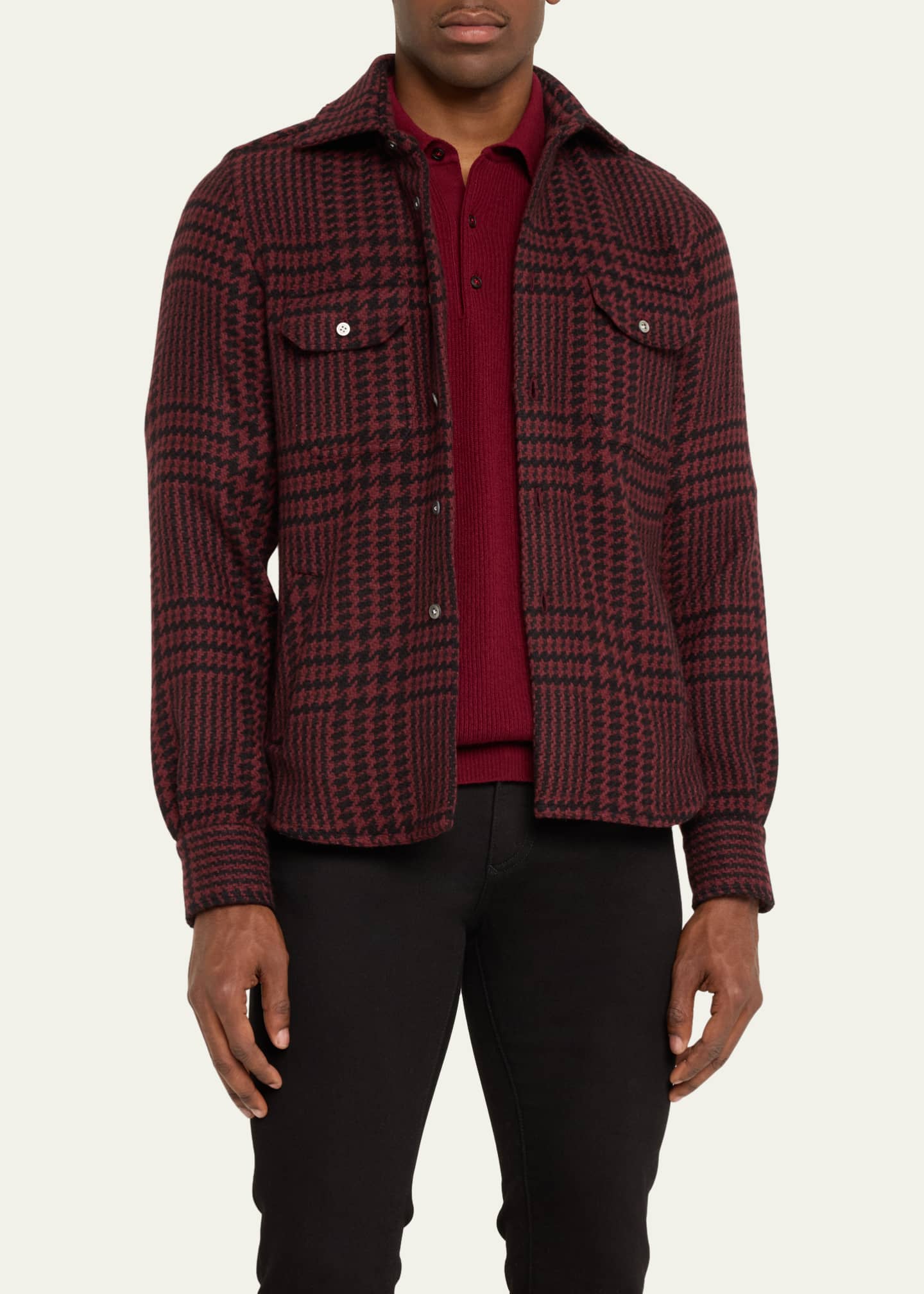 Kiton Men's Bordeaux Cashmere Plaid Shirt Jacket Image 4 of 5