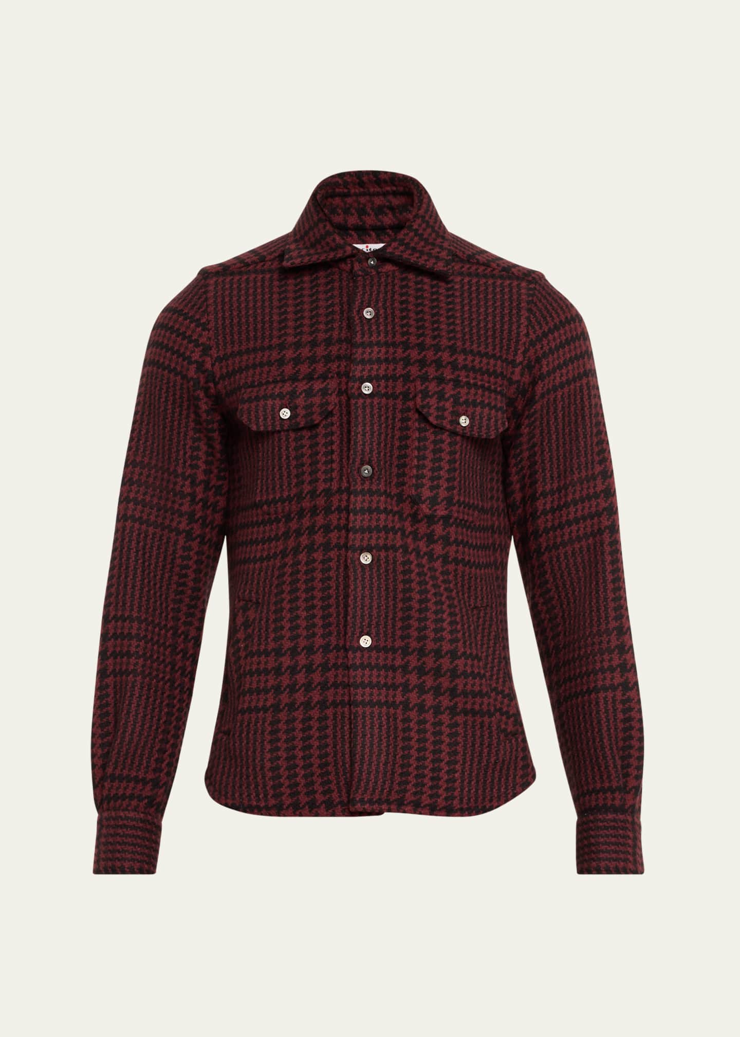 Kiton Men's Bordeaux Cashmere Plaid Shirt Jacket Image 1 of 5