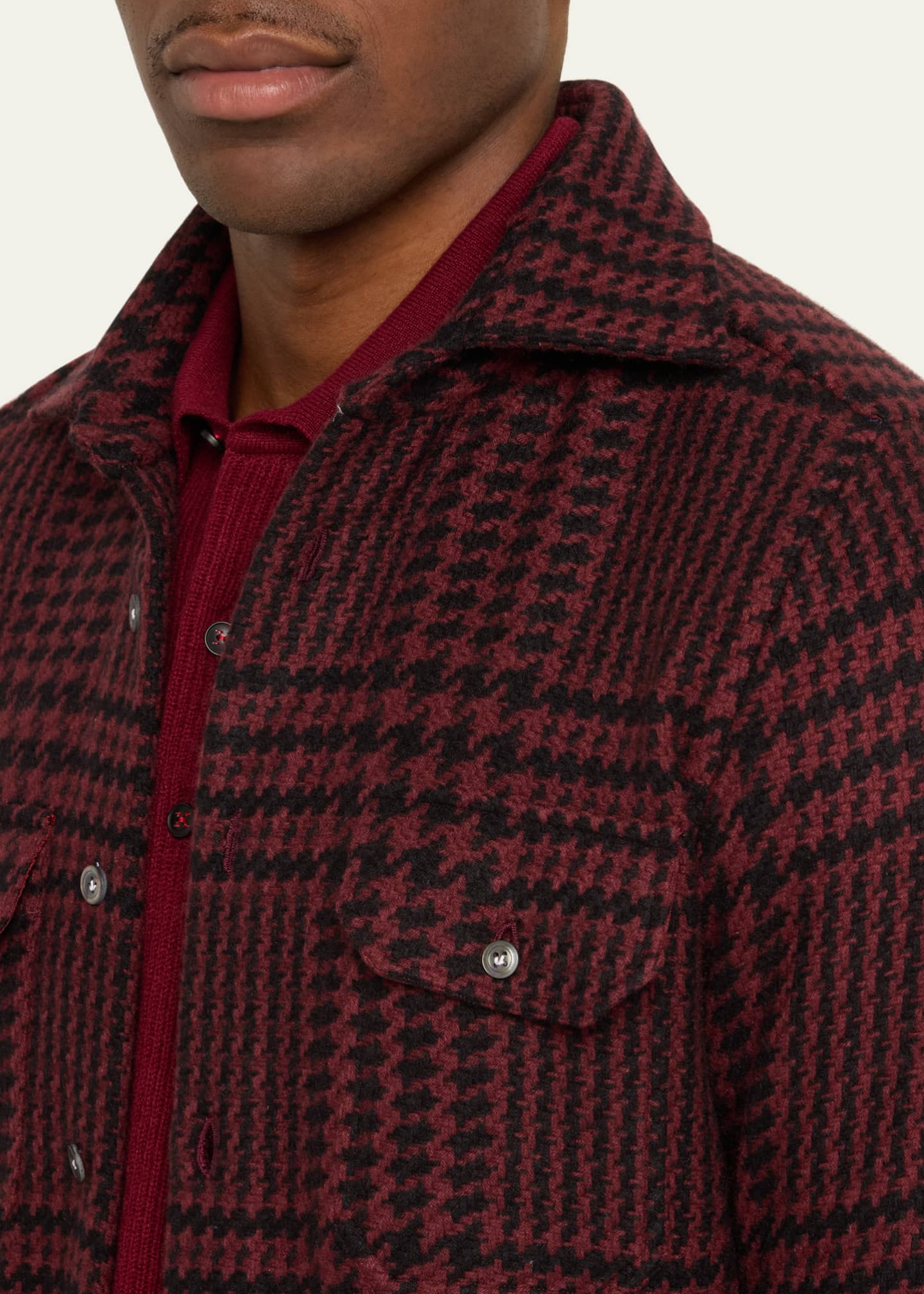 Kiton Men's Bordeaux Cashmere Plaid Shirt Jacket Image 5 of 5