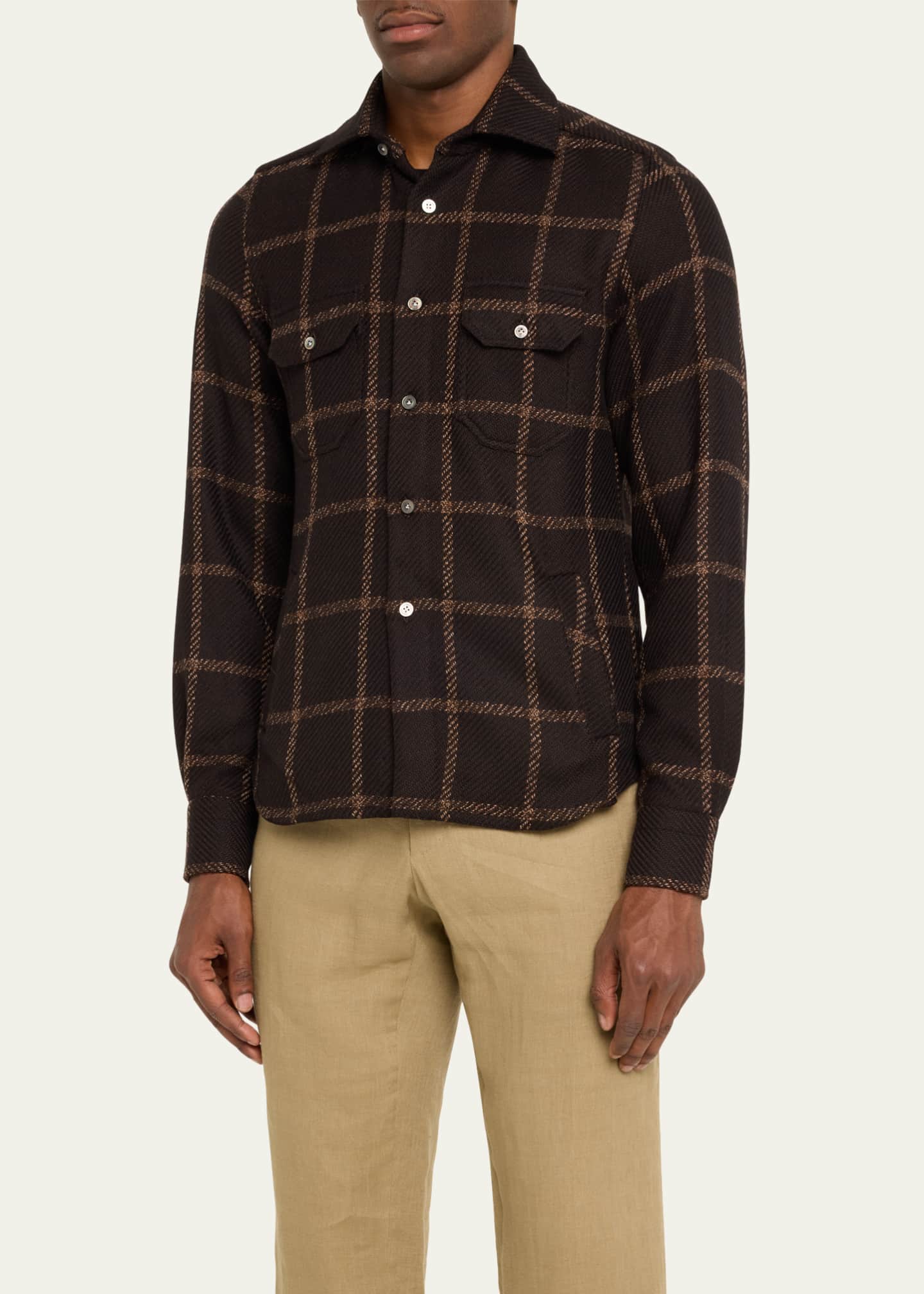 Kiton Men's Cashmere Windowpane Shirt Jacket Image 4 of 5