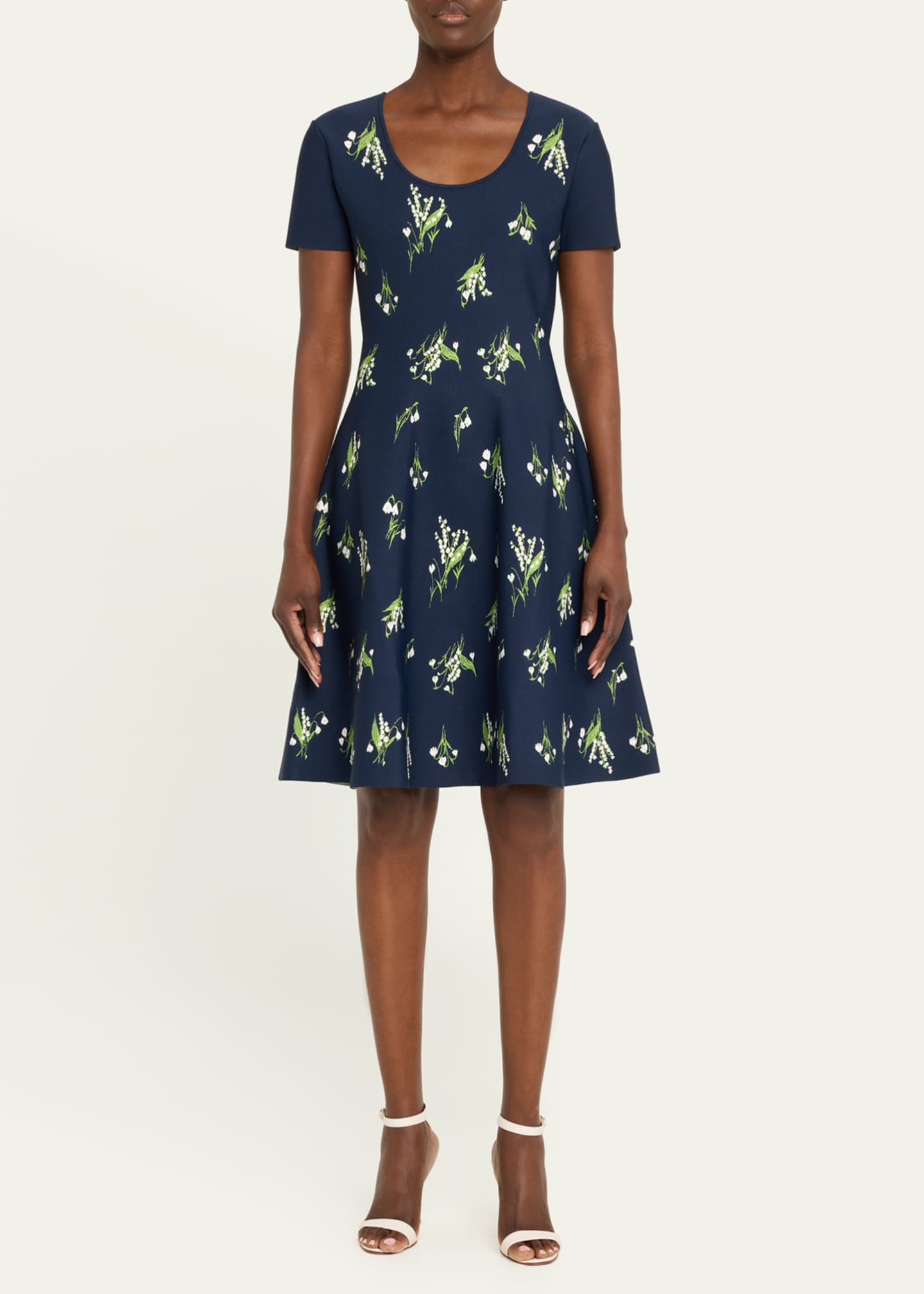 Carolina Herrera Floral Short-Sleeve Scoop-Neck Flare Dress Image 2 of 5