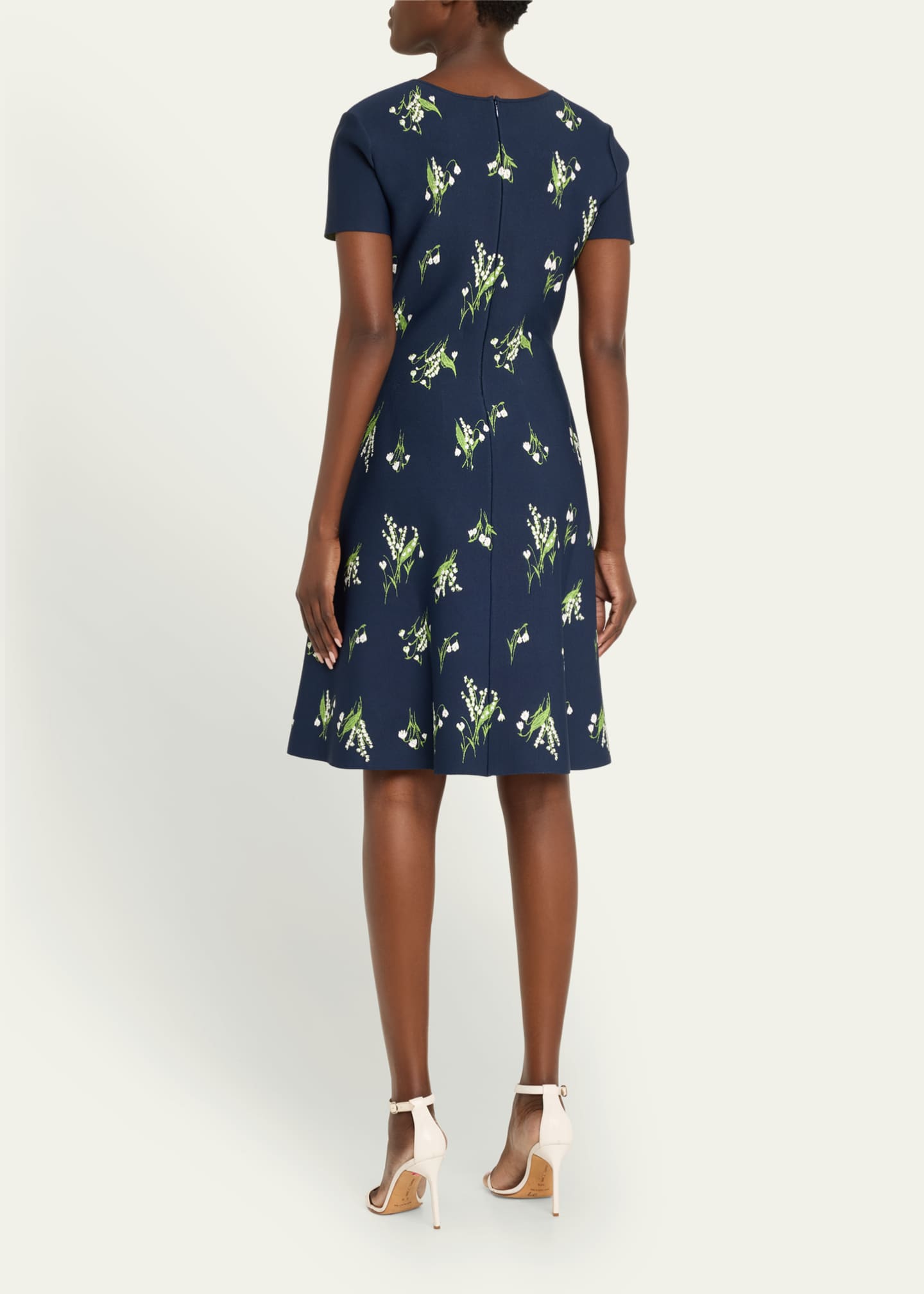Carolina Herrera Floral Short-Sleeve Scoop-Neck Flare Dress Image 3 of 5