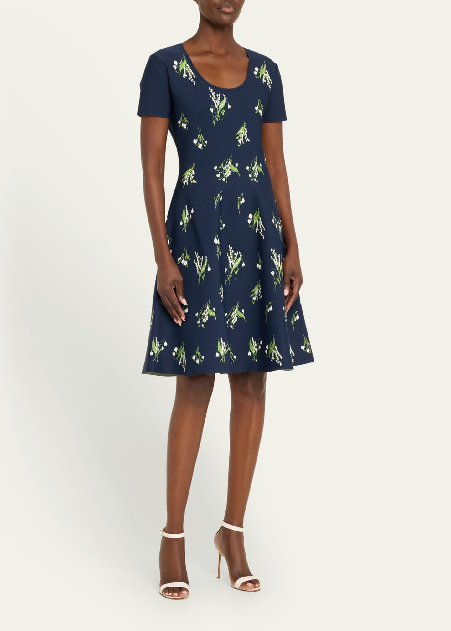 Carolina Herrera Floral Short-Sleeve Scoop-Neck Flare Dress Image 4 of 5