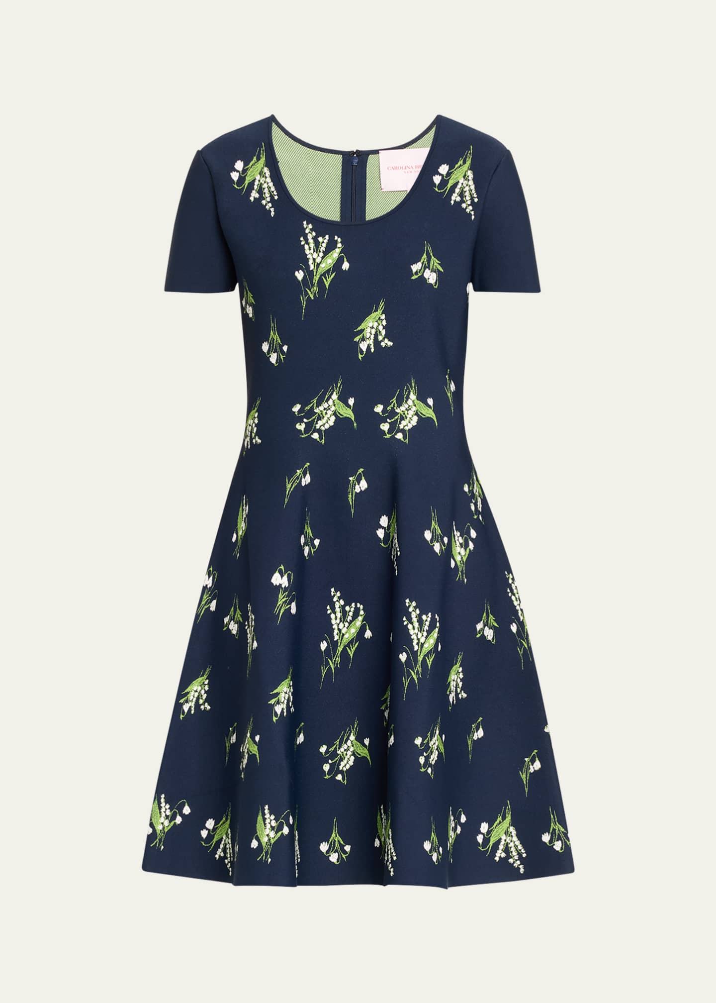 Carolina Herrera Floral Short-Sleeve Scoop-Neck Flare Dress Image 1 of 5
