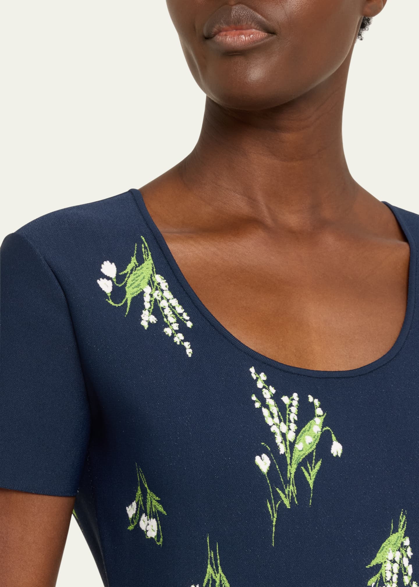 Carolina Herrera Floral Short-Sleeve Scoop-Neck Flare Dress Image 5 of 5