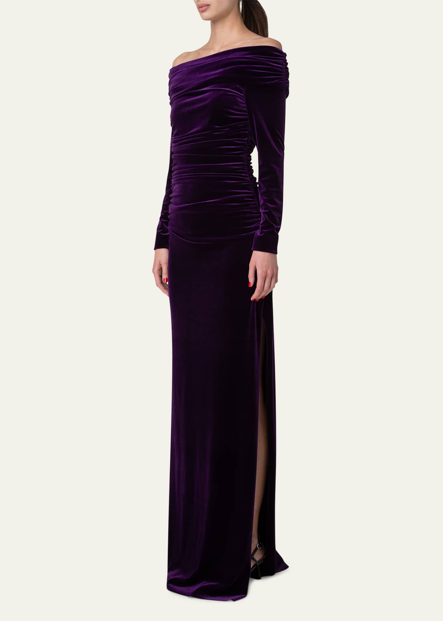 Akris Long Velvet Off-Shoulder Ruched Gown Image 4 of 5
