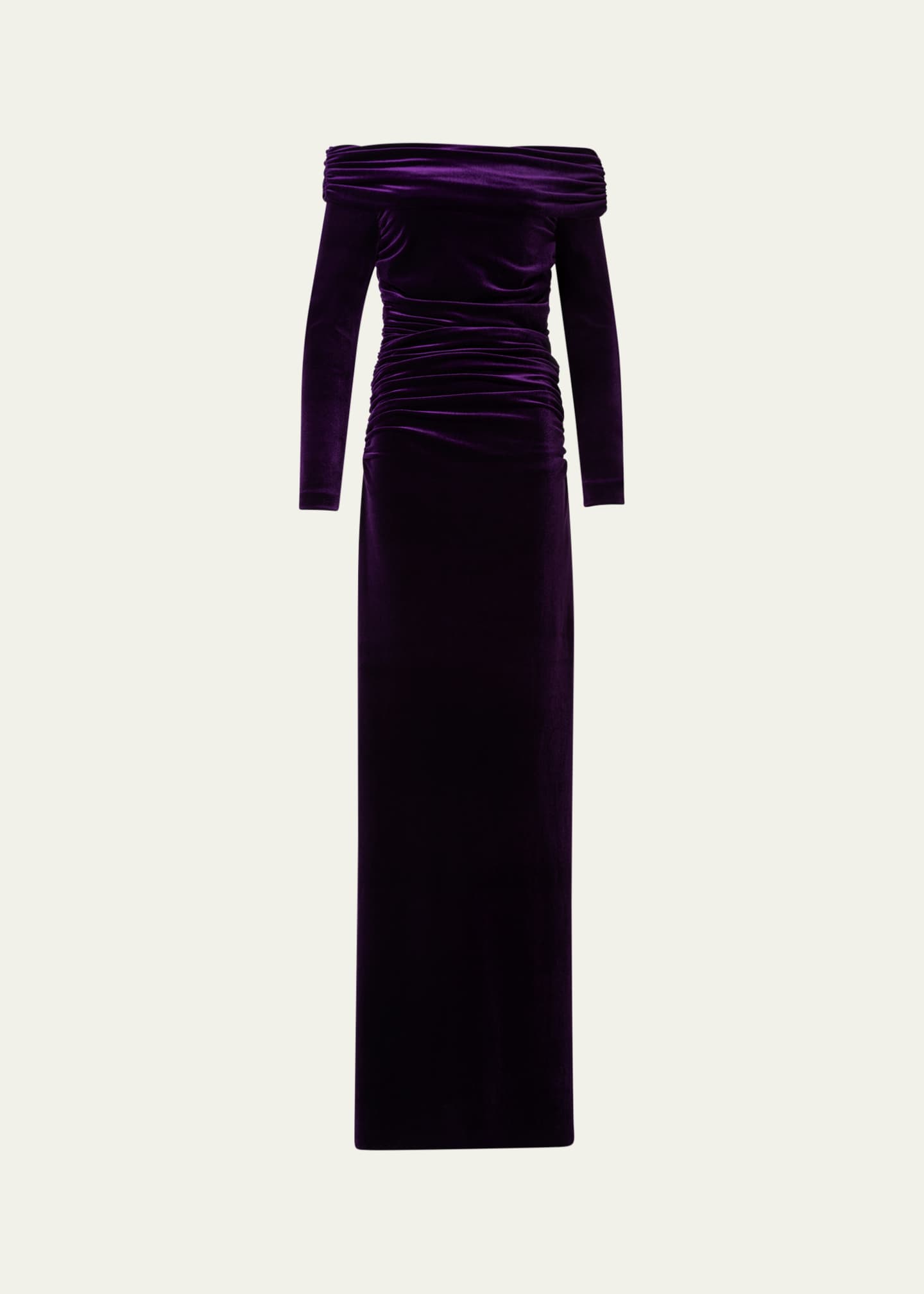 Akris Long Velvet Off-Shoulder Ruched Gown Image 1 of 5