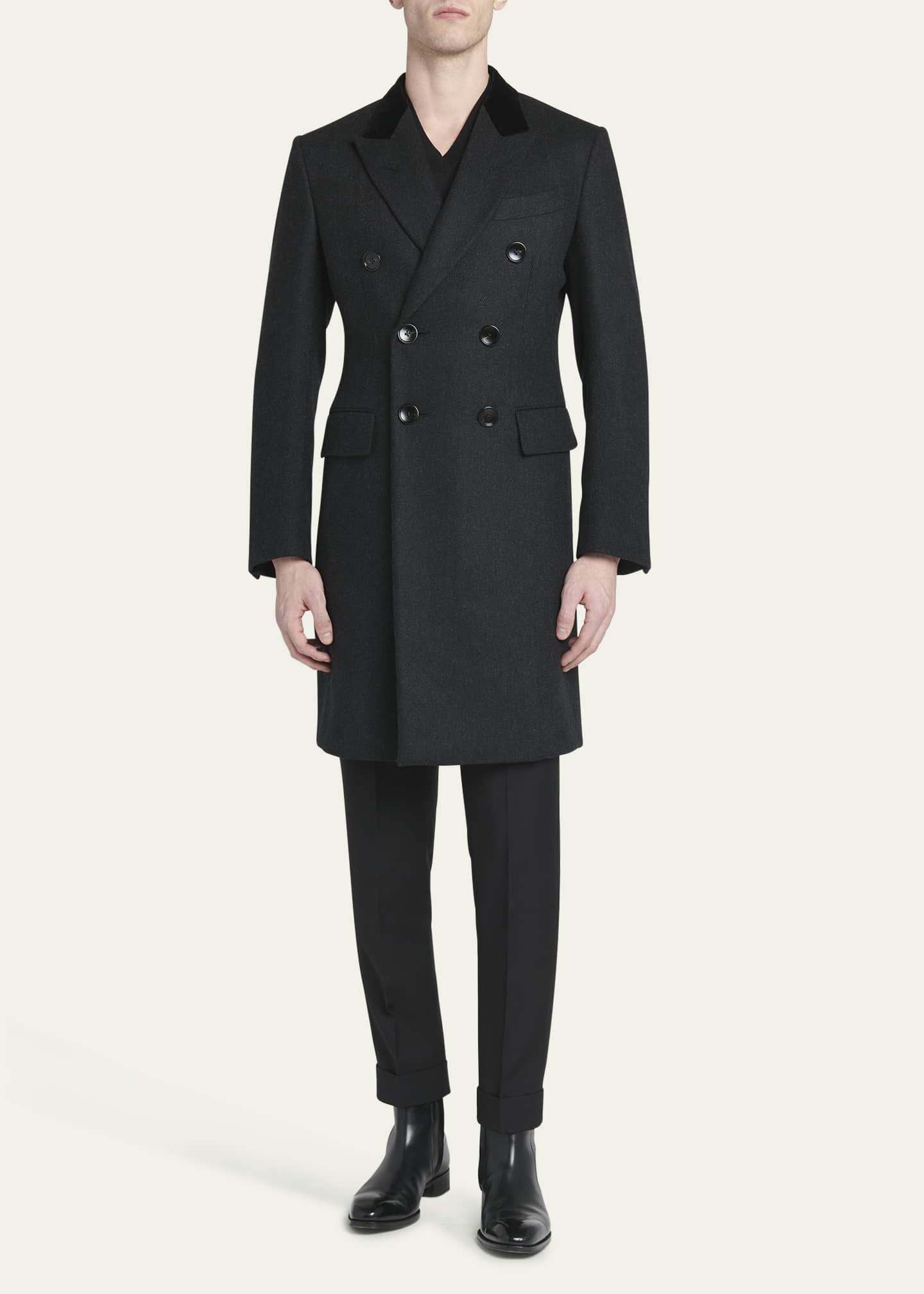 TOM FORD Men's Herringbone Topcoat with Velvet Collar Image 2 of 5