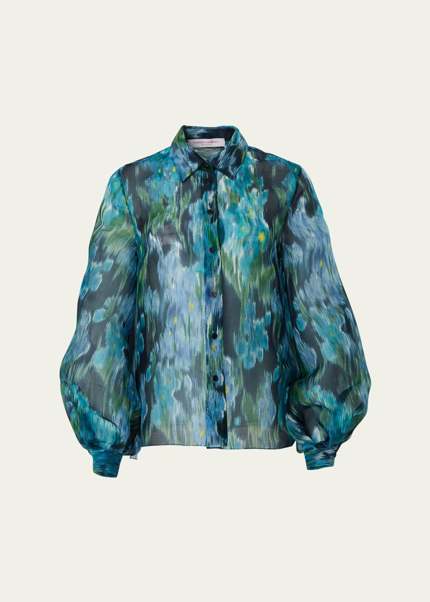 Carolina Herrera Abstract Puff-Sleeve Button Down Silk Top - Bergdorf ...
